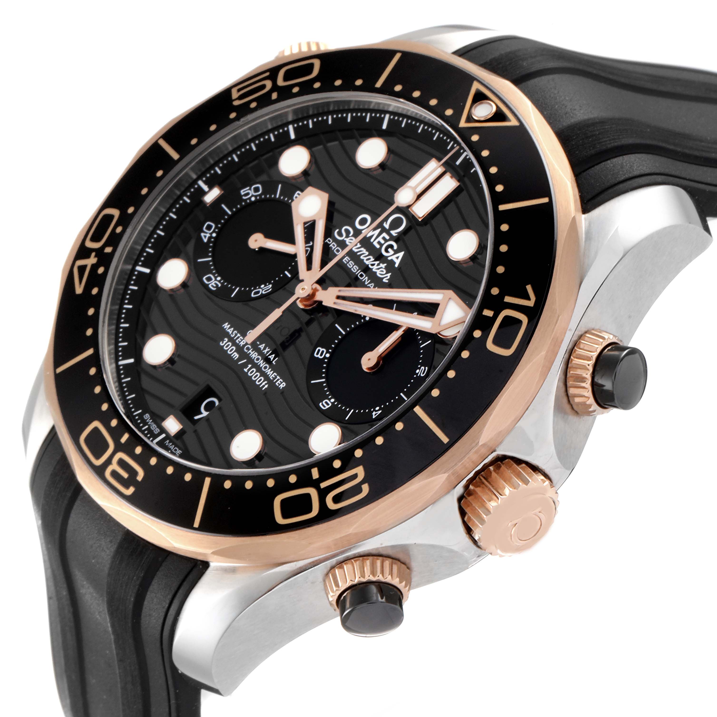 This Omega Seamaster 210.22.44.51.01.001 Men's Steel and Gold (two tone) Black Dial 210.22.44.51.01.001 Men's Steel and Gold (two tone) Black Dial watch is shown at an angle highlighting the face, bezel, crown, and part of the strap.