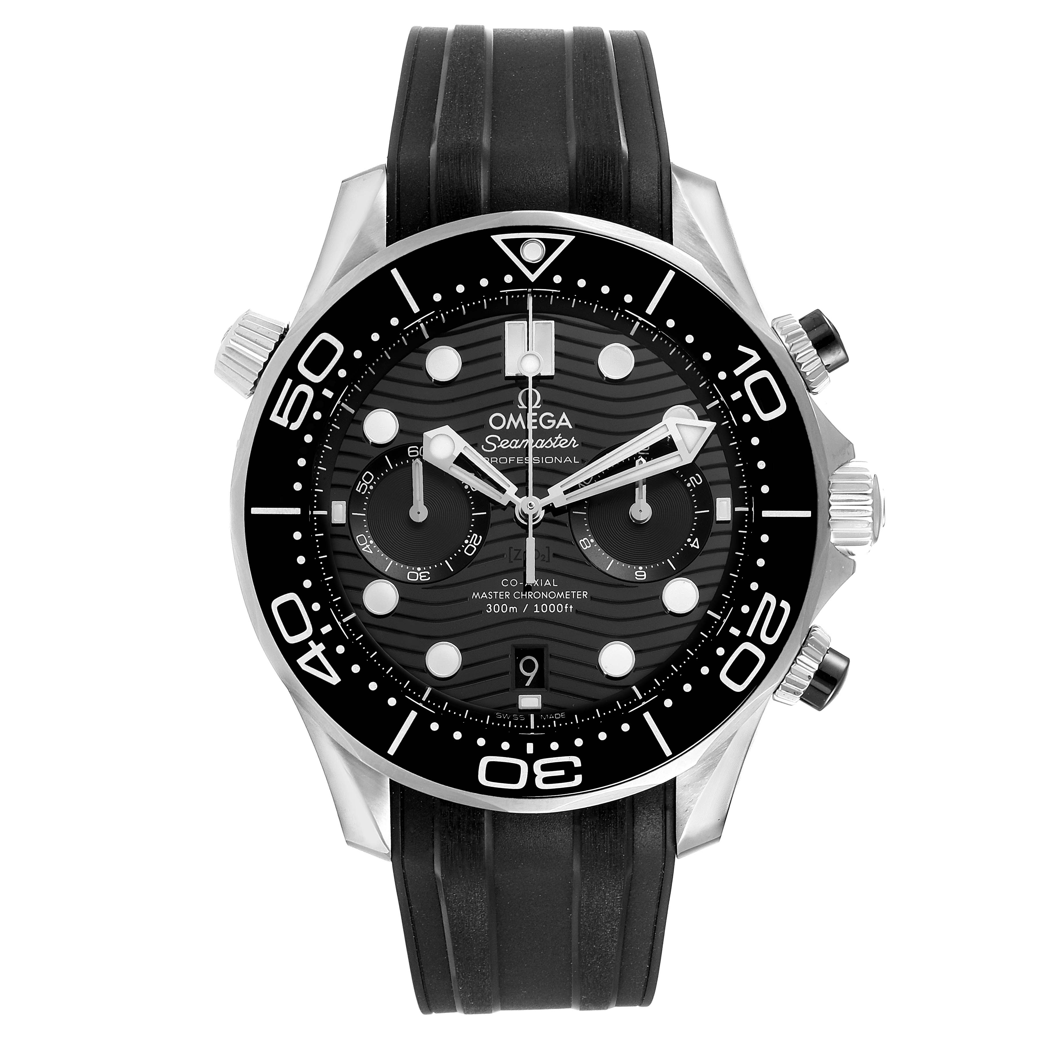 The image shows a front view of the Omega Seamaster 210.32.44.51.01.001 Men's Stainless Steel Black Dial 210.32.44.51.01.001 Men's Stainless Steel Black Dial watch, highlighting its black dial, bezel, and rubber strap.