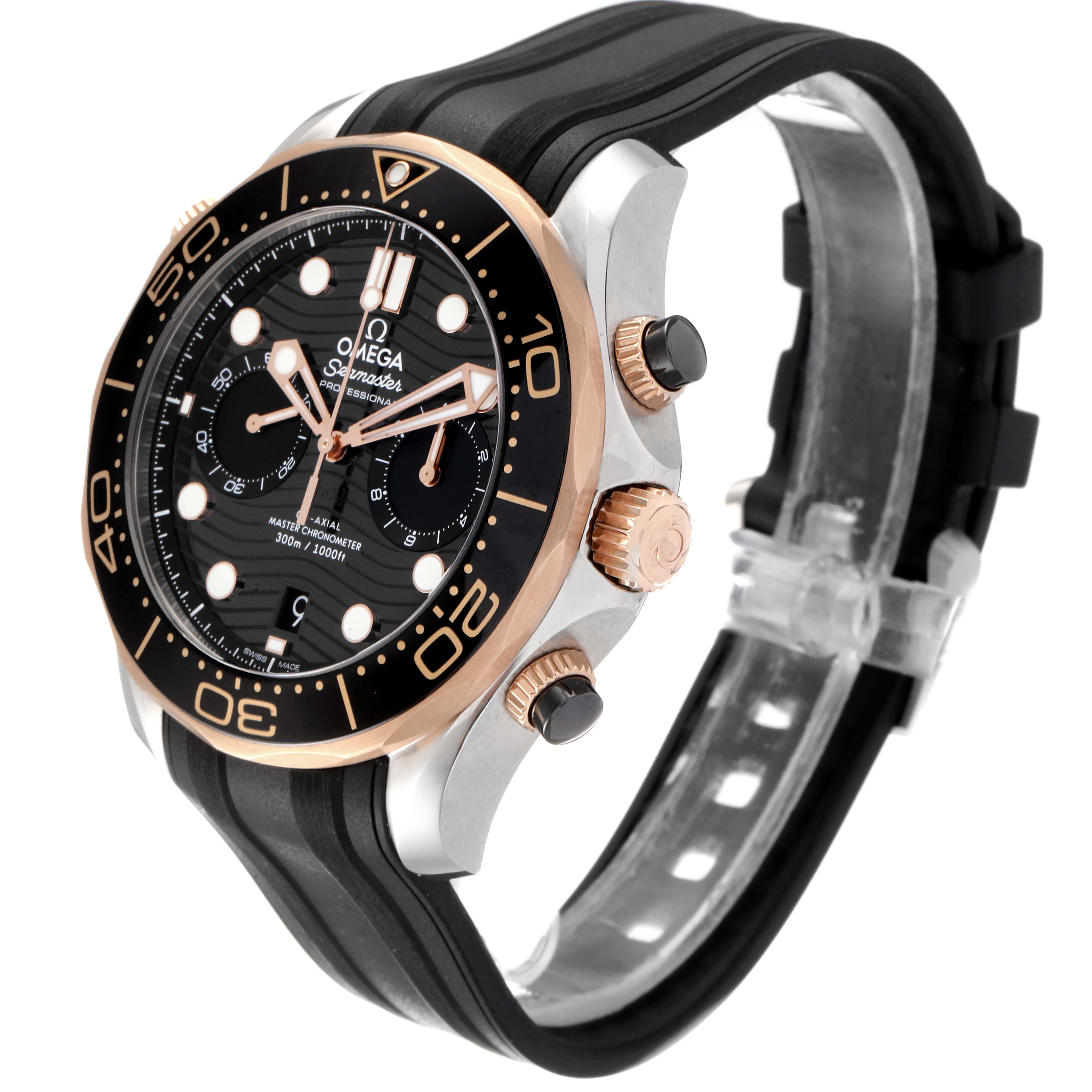 The Omega Seamaster 210.22.44.51.01.001 Men's Steel and Gold (two tone) Black Dial 210.22.44.51.01.001 Men's Steel and Gold (two tone) Black Dial is shown at a side angle, highlighting its bezel, crown, push buttons, and black rubber strap.