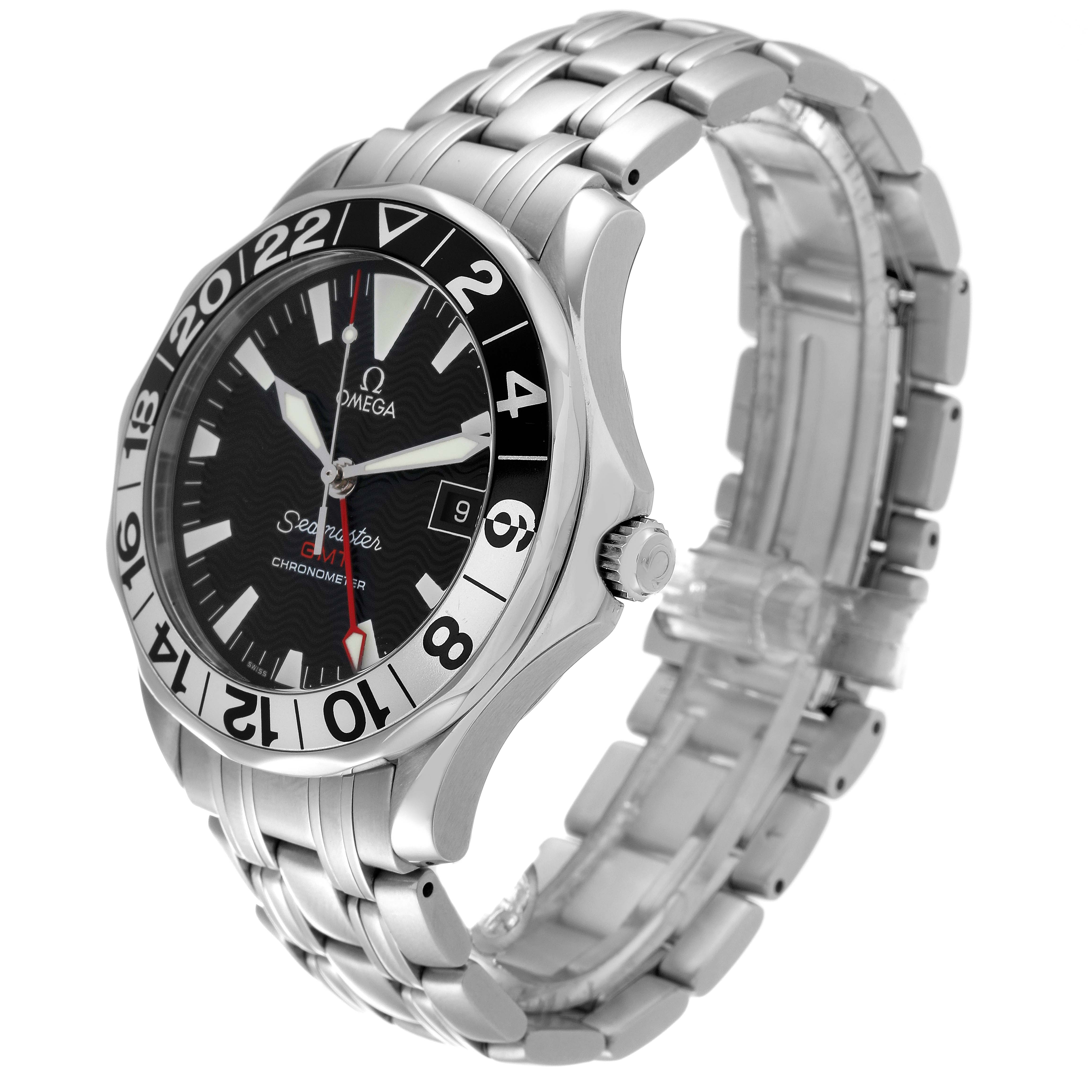 The image shows an angled side view of an Omega Seamaster 2534.50.00 Men's Stainless Steel Black Dial 2534.50.00 Men's Stainless Steel Black Dial watch displaying its face, bezel, crown, and bracelet.