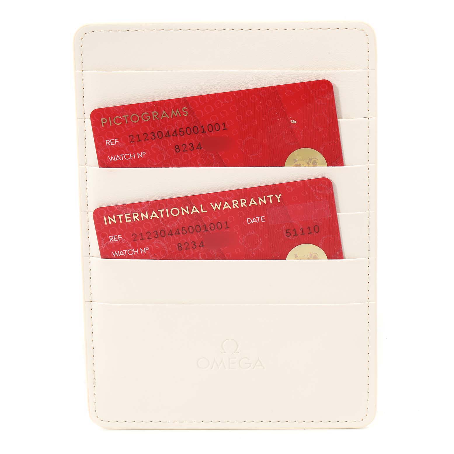 The image shows the warranty and pictogram cards for an Omega Seamaster 212.30.44.50.01.001 Men's Stainless Steel Black Dial 212.30.44.50.01.001 Men's Stainless Steel Black Dial watch placed in a white cardholder.