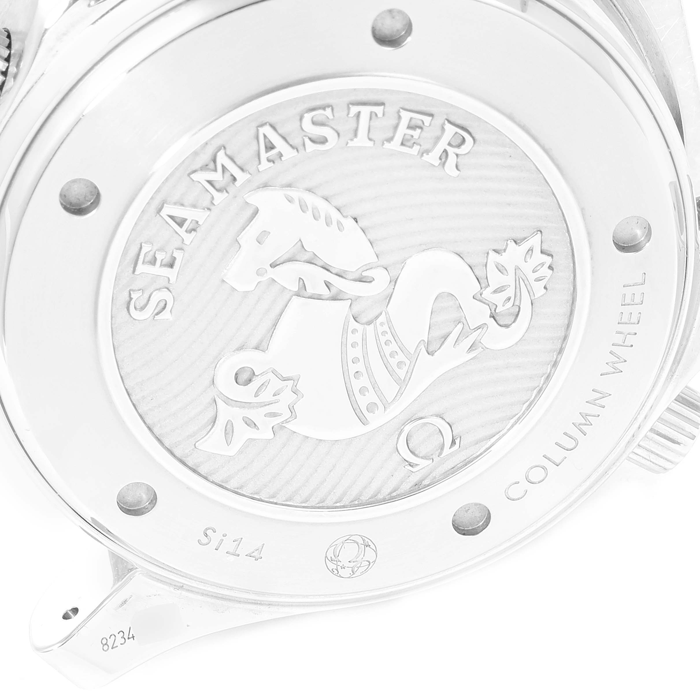 This image shows the back case of an Omega Seamaster 212.30.44.50.01.001 Men's Stainless Steel Black Dial 212.30.44.50.01.001 Men's Stainless Steel Black Dial watch, highlighting the brand engraving and design details.