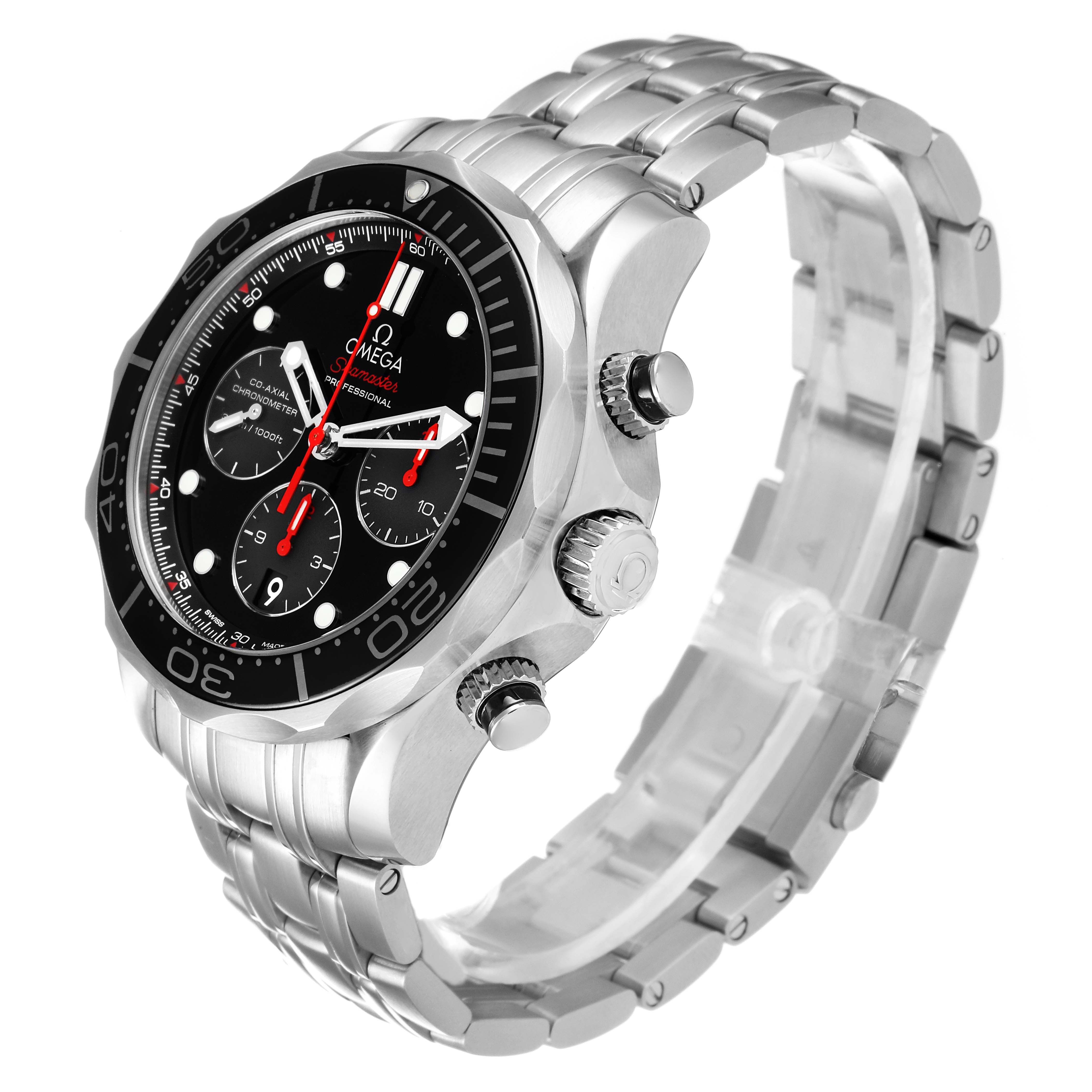 This image shows an Omega Seamaster 212.30.44.50.01.001 Men's Stainless Steel Black Dial 212.30.44.50.01.001 Men's Stainless Steel Black Dial watch at a slight angle, highlighting its face, bezel, and metal bracelet.