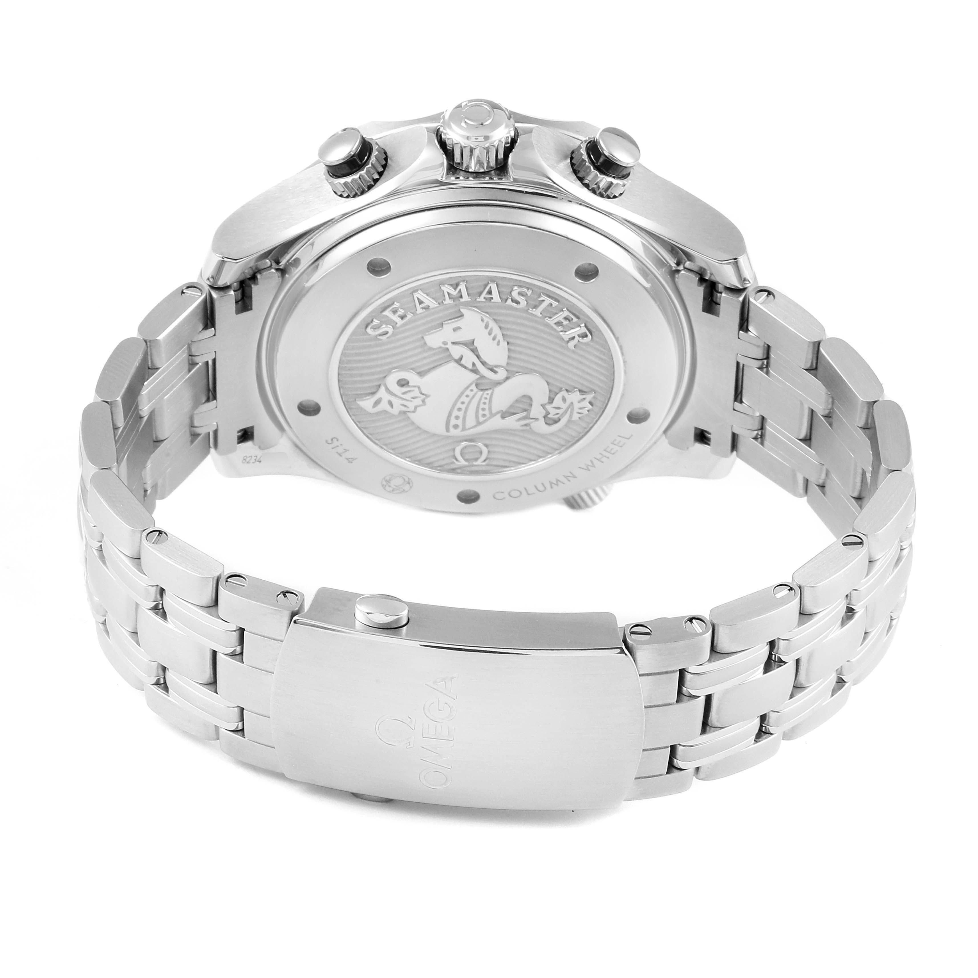 The image shows the back view and clasp of an Omega Seamaster 212.30.44.50.01.001 Men's Stainless Steel Black Dial 212.30.44.50.01.001 Men's Stainless Steel Black Dial watch, focusing on its case back and metal bracelet.