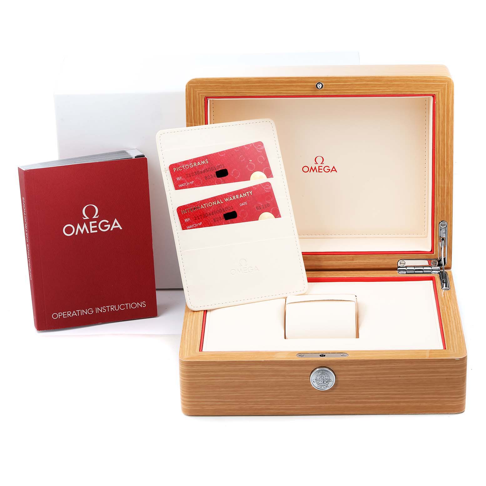 The image shows the packaging, warranty cards, and operating instructions for an Omega Seamaster 212.30.44.50.01.001 Men's Stainless Steel Black Dial 212.30.44.50.01.001 Men's Stainless Steel Black Dial watch.