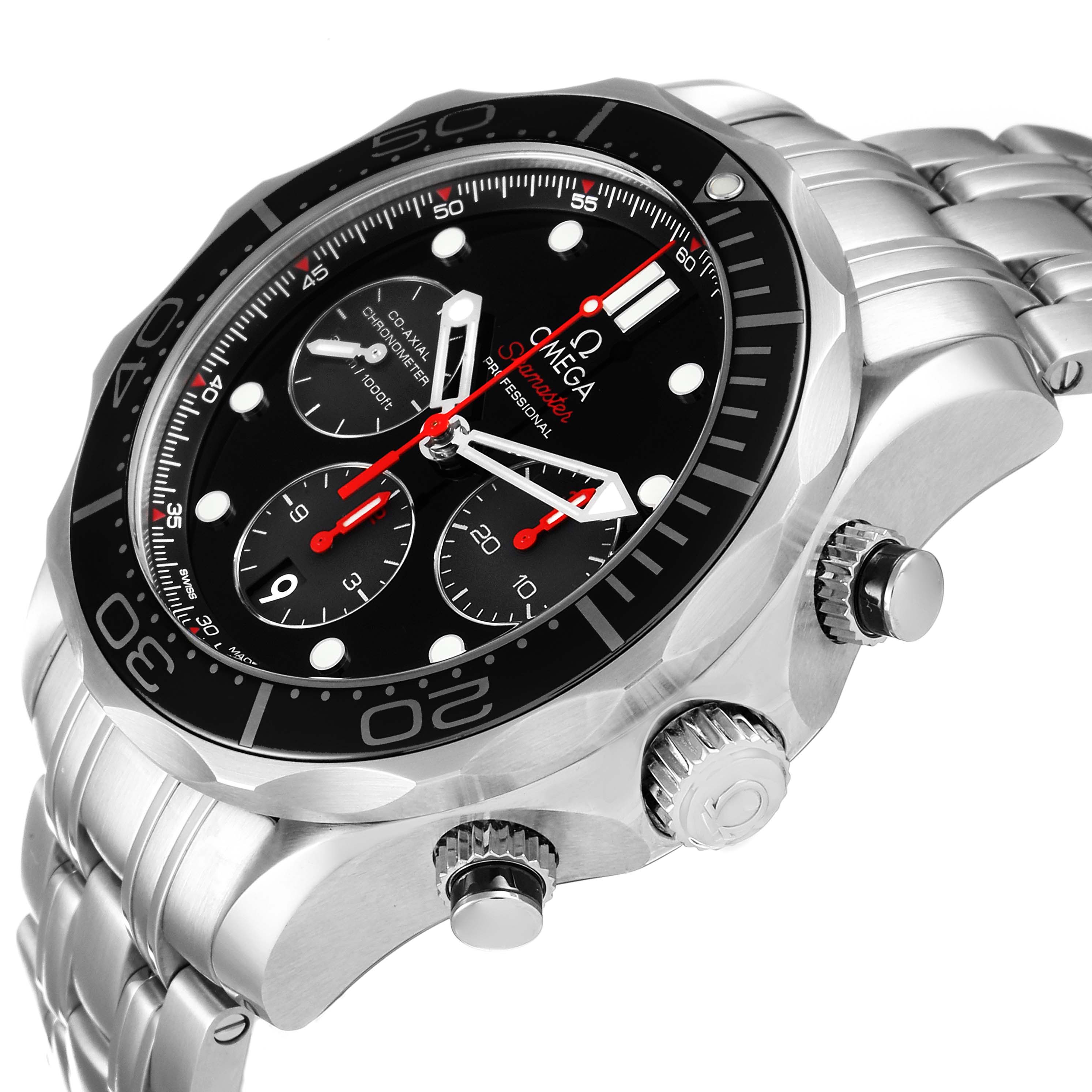 The image shows a side and top angle of the Omega Seamaster 212.30.44.50.01.001 Men's Stainless Steel Black Dial 212.30.44.50.01.001 Men's Stainless Steel Black Dial watch, highlighting the bezel, dial, and crown with pushers.