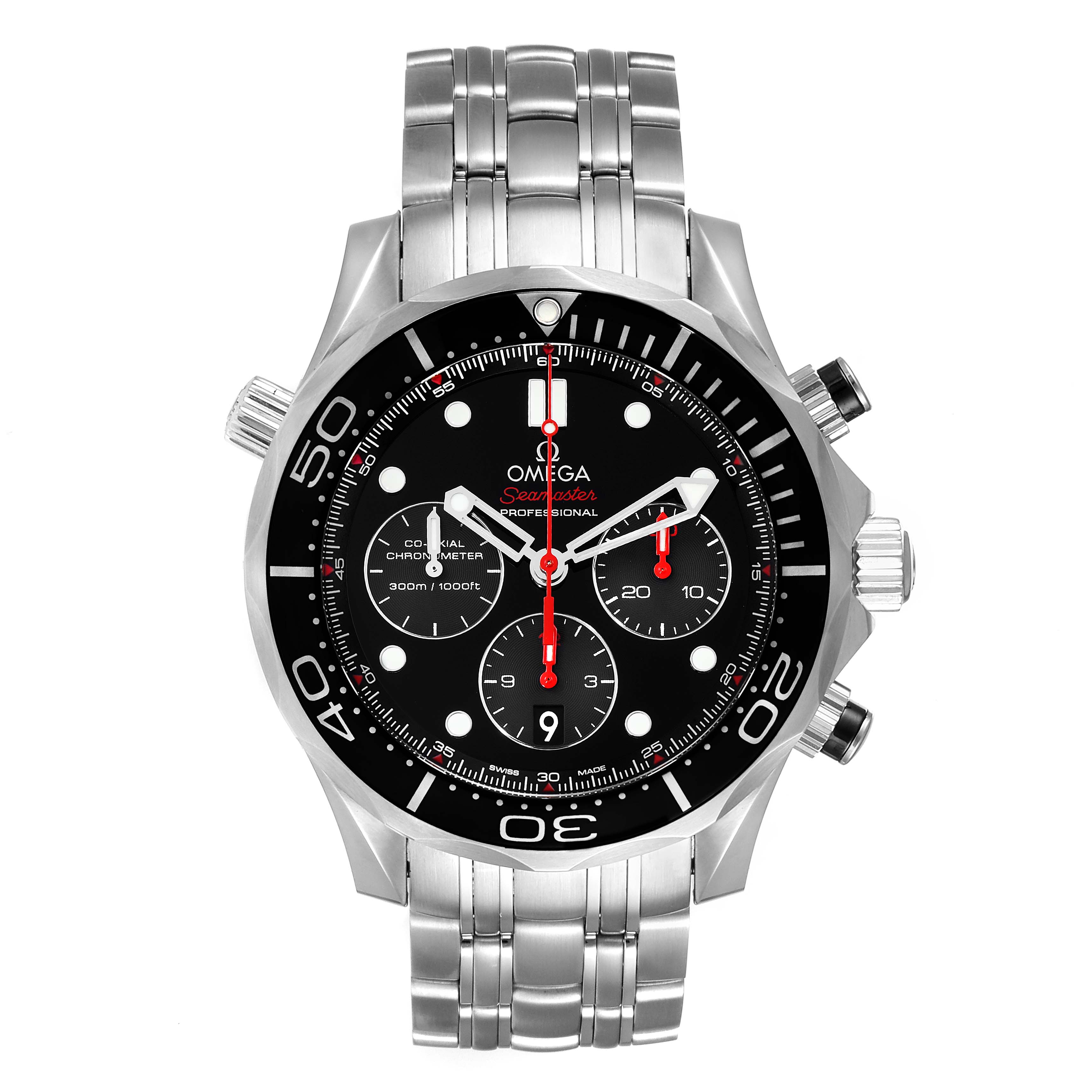 The Omega Seamaster 212.30.44.50.01.001 Men's Stainless Steel Black Dial 212.30.44.50.01.001 Men's Stainless Steel Black Dial watch is shown from a front angle, highlighting its dial, bezel, chronograph buttons, and stainless steel bracelet.