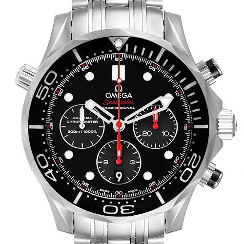 The image shows a front view of an Omega Seamaster watch, highlighting the dial, bezel, and bracelet.