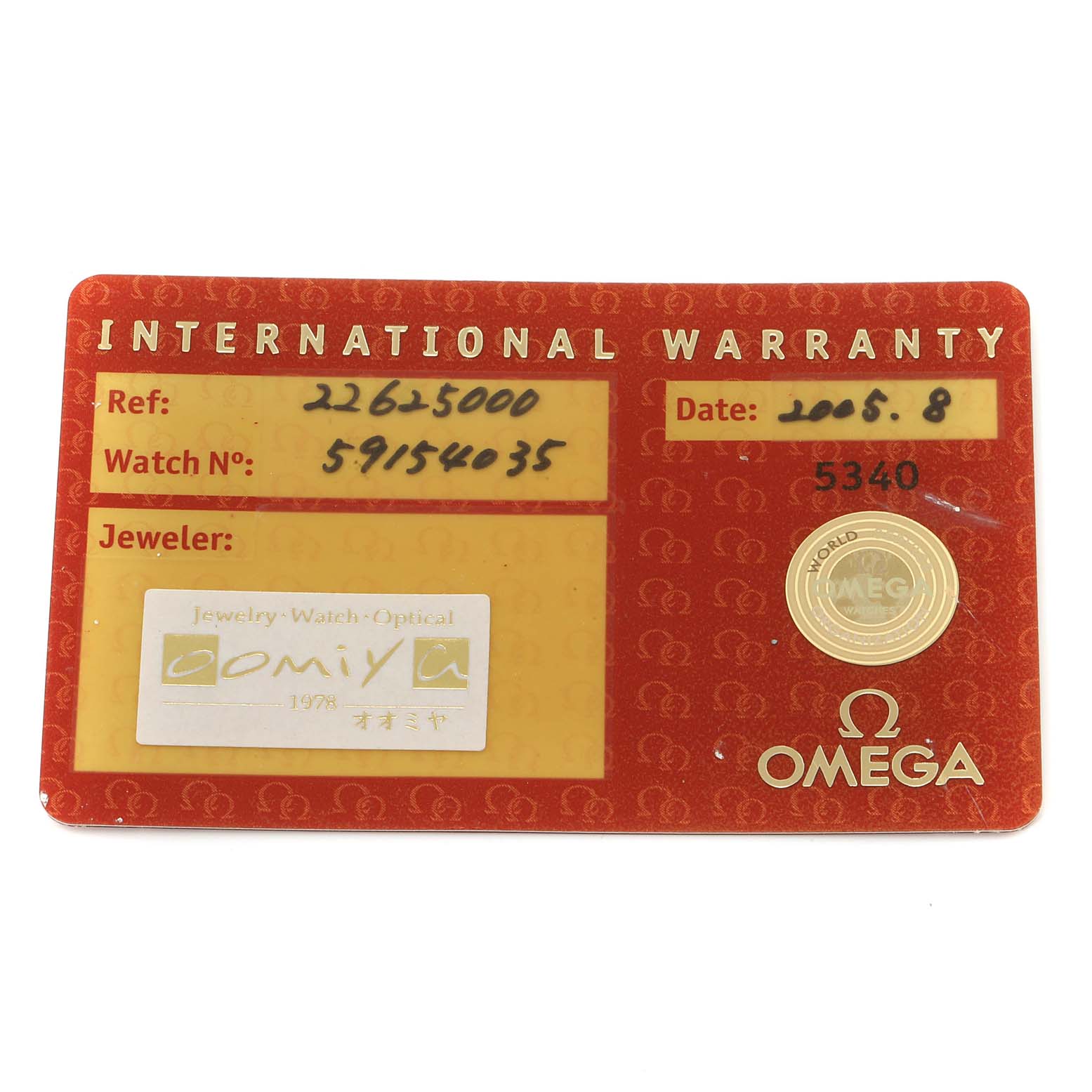 The image shows the front side of an Omega Seamaster 2262.50.00 Men
s Stainless Steel Black Dial 2262.50.00 Men
s Stainless Steel Black Dial International Warranty card with reference and watch numbers, jeweler info, and date.