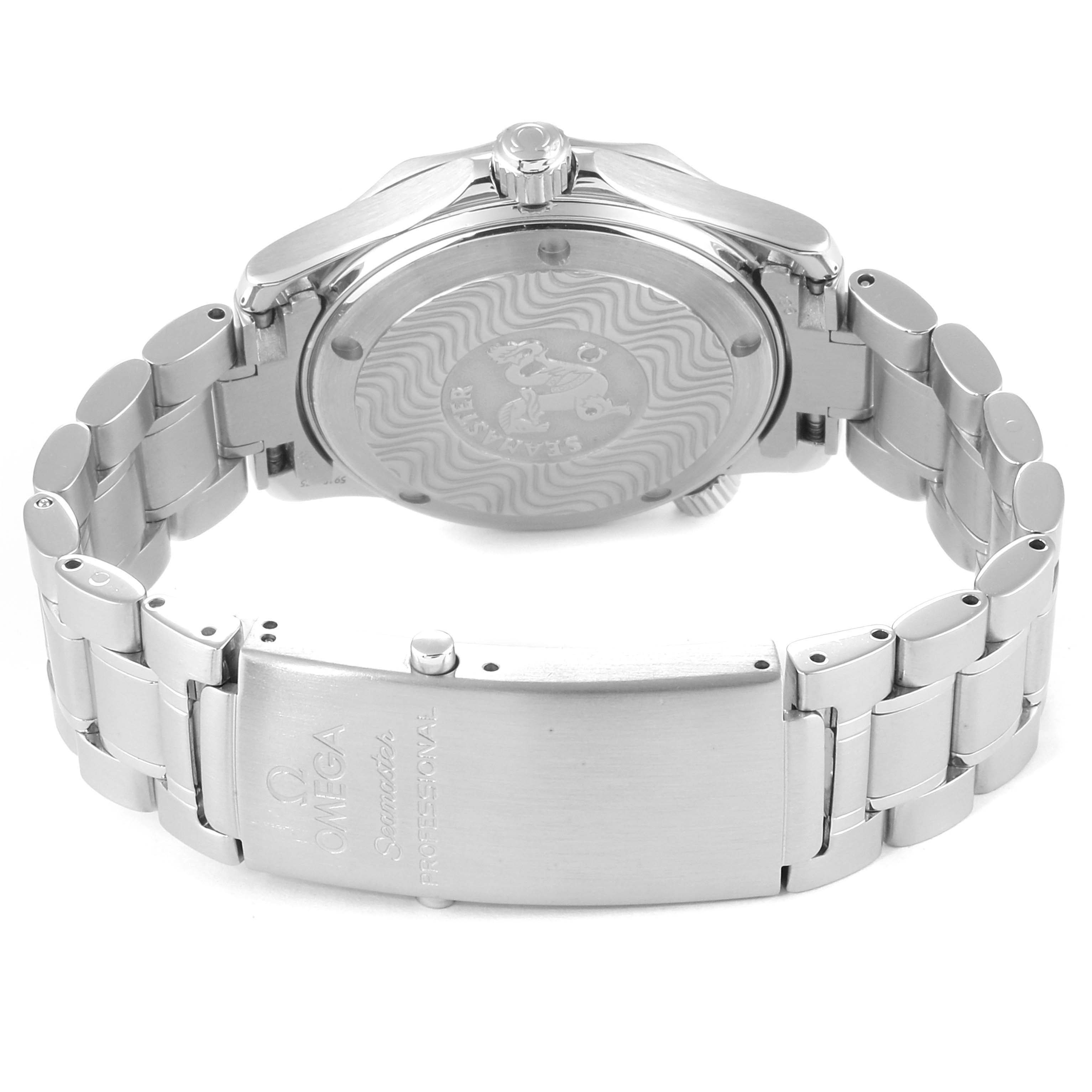 The image shows the back of the Omega Seamaster 2262.50.00 Men
s Stainless Steel Black Dial 2262.50.00 Men
s Stainless Steel Black Dial watch, focusing on its case, bracelet, and clasp.