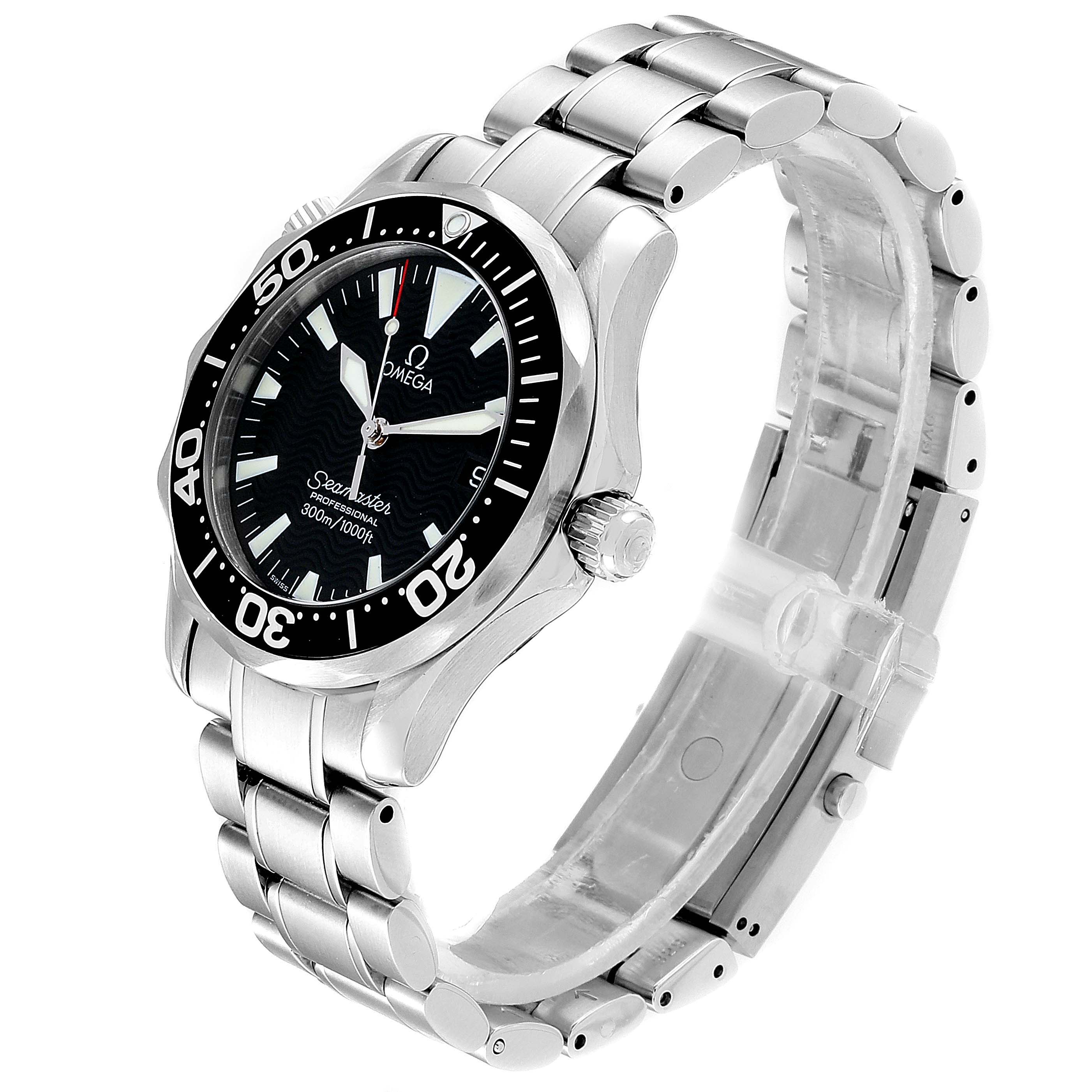 The image shows a side angle view of an Omega Seamaster 2262.50.00 Men
s Stainless Steel Black Dial 2262.50.00 Men
s Stainless Steel Black Dial watch, highlighting the dial, bezel, crown, and stainless steel bracelet.