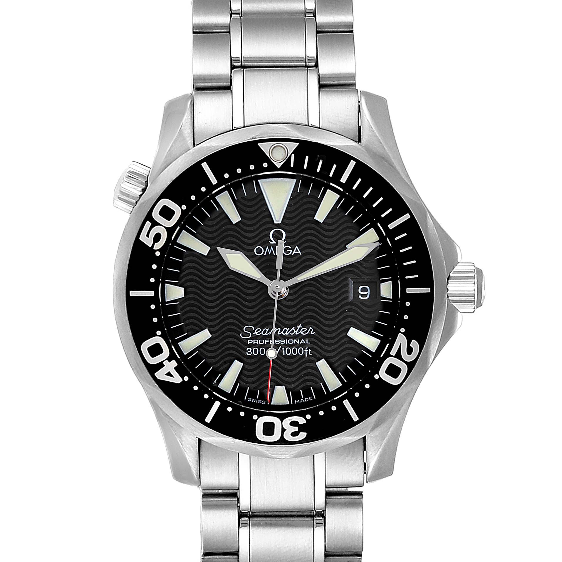 The Omega Seamaster 2262.50.00 Men
s Stainless Steel Black Dial 2262.50.00 Men
s Stainless Steel Black Dial model watch is shown from a frontal angle, displaying its dial, bezel, and metal bracelet.