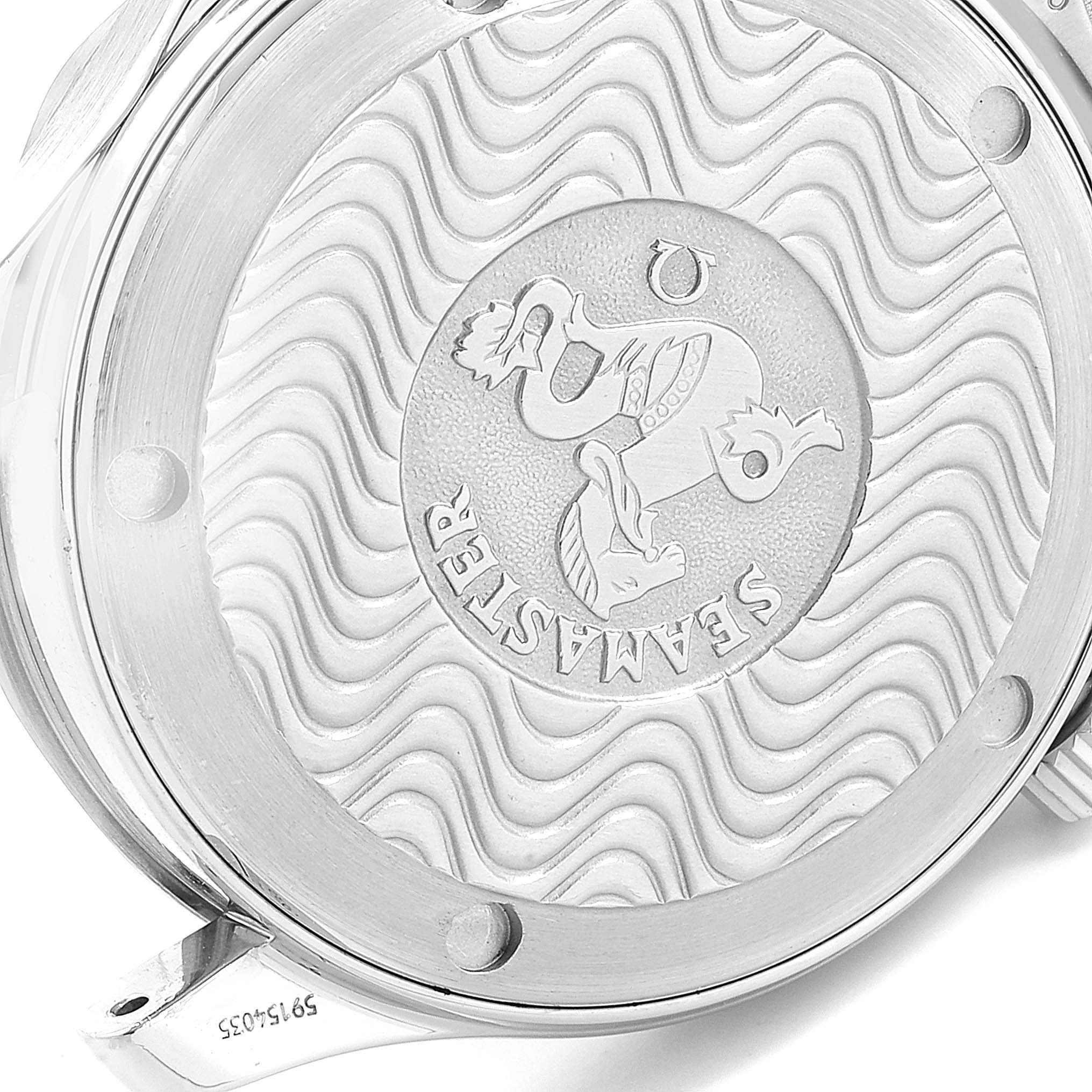 The image shows the engraved case back of an Omega Seamaster 2262.50.00 Men
s Stainless Steel Black Dial 2262.50.00 Men
s Stainless Steel Black Dial watch from a close-up, angled slightly to one side.