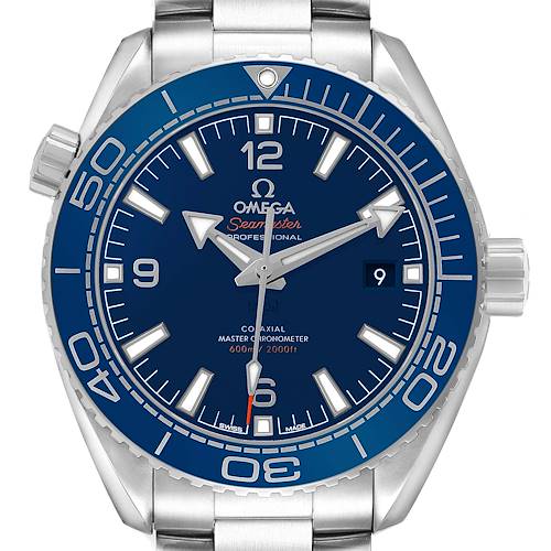 The Omega Planet Ocean 215.30.44.21.03.001 Men's Stainless Steel Blue Dial watch is shown from a front angle, displaying the dial, bezel, and crown.