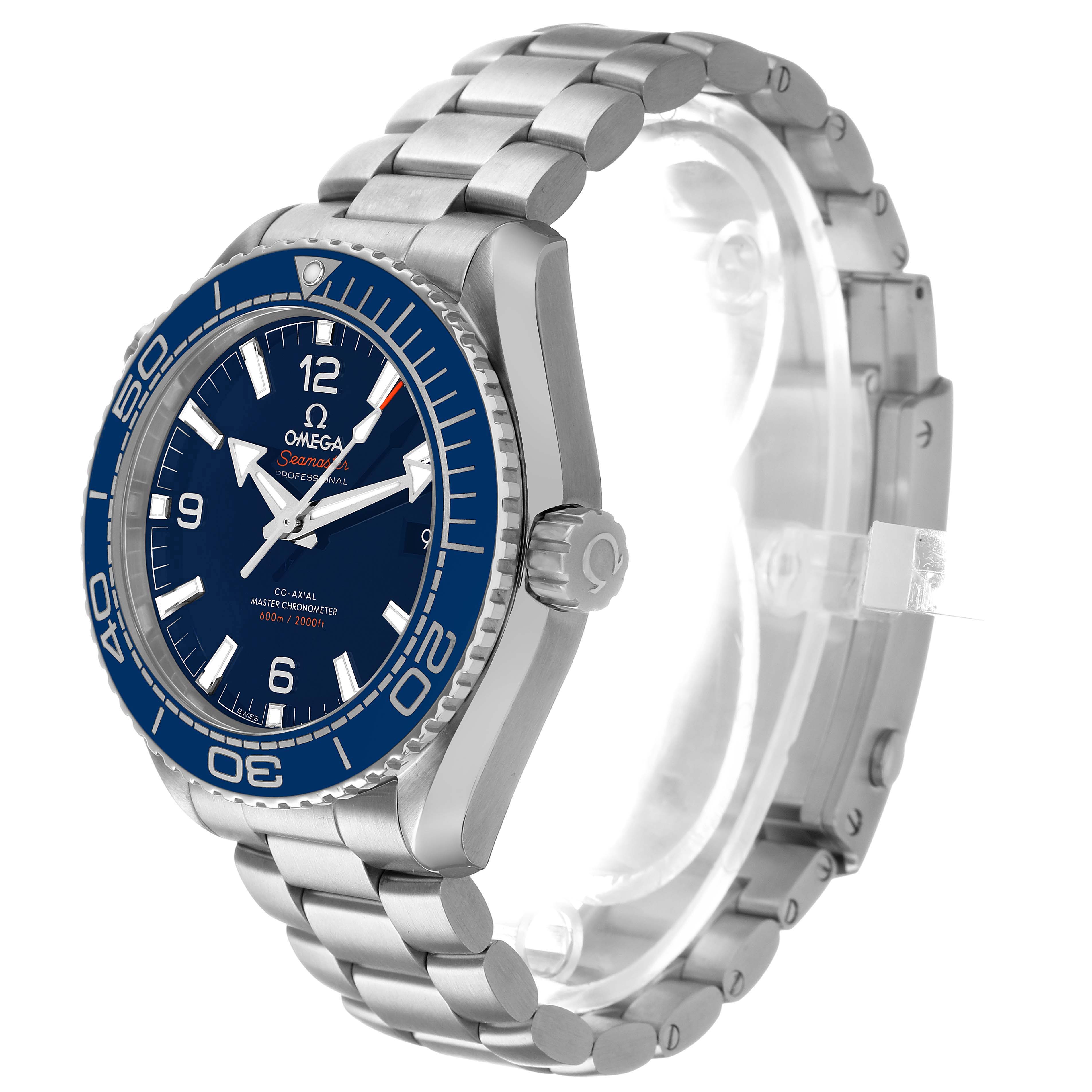 The Omega Planet Ocean 215.30.44.21.03.001 Men's Stainless Steel Blue Dial watch is shown at a slight angle, highlighting the dial, bezel, crown, and bracelet details.