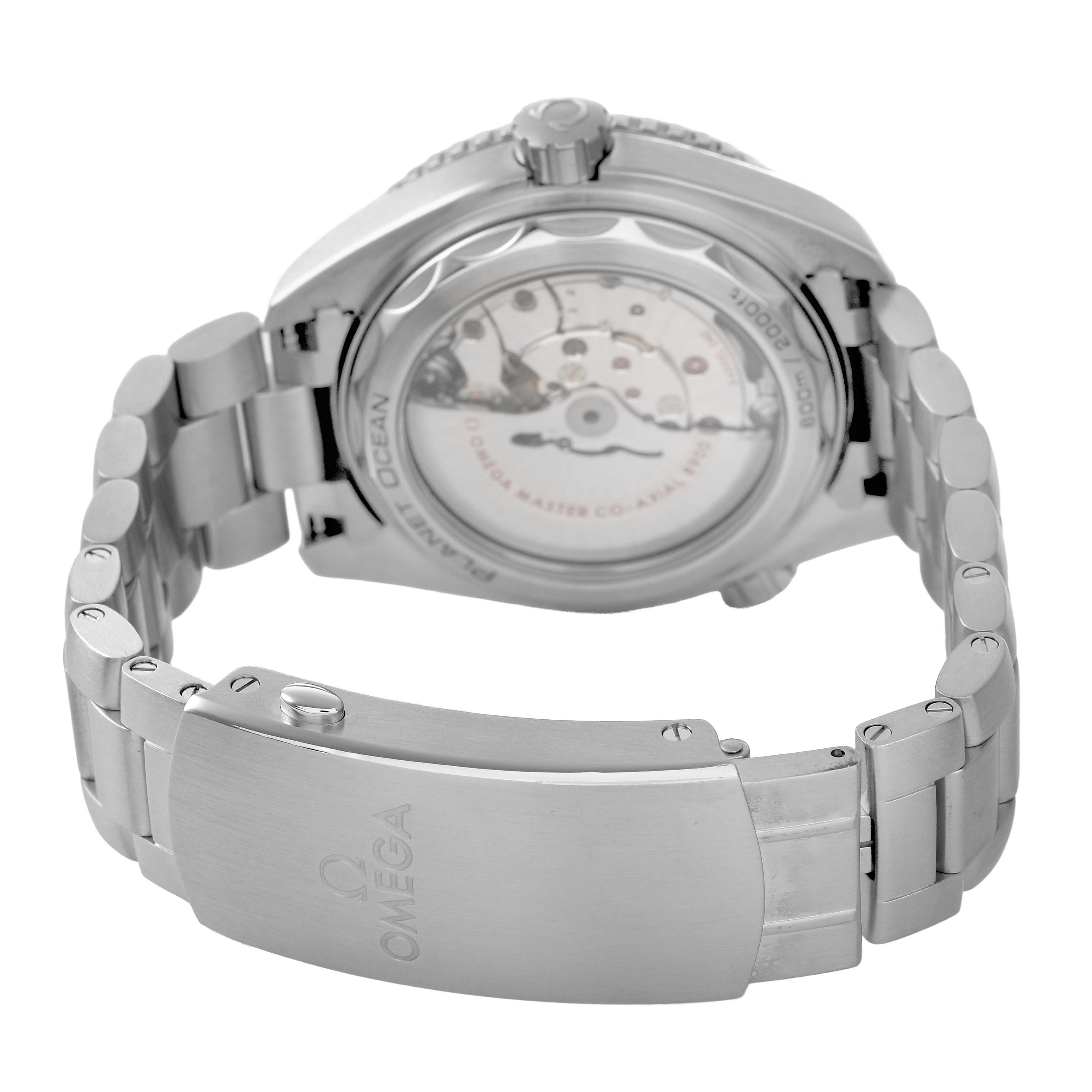 The Omega Planet Ocean 215.30.44.21.03.001 Men's Stainless Steel Blue Dial watch is shown from the back, displaying its clasp and exhibition case back.