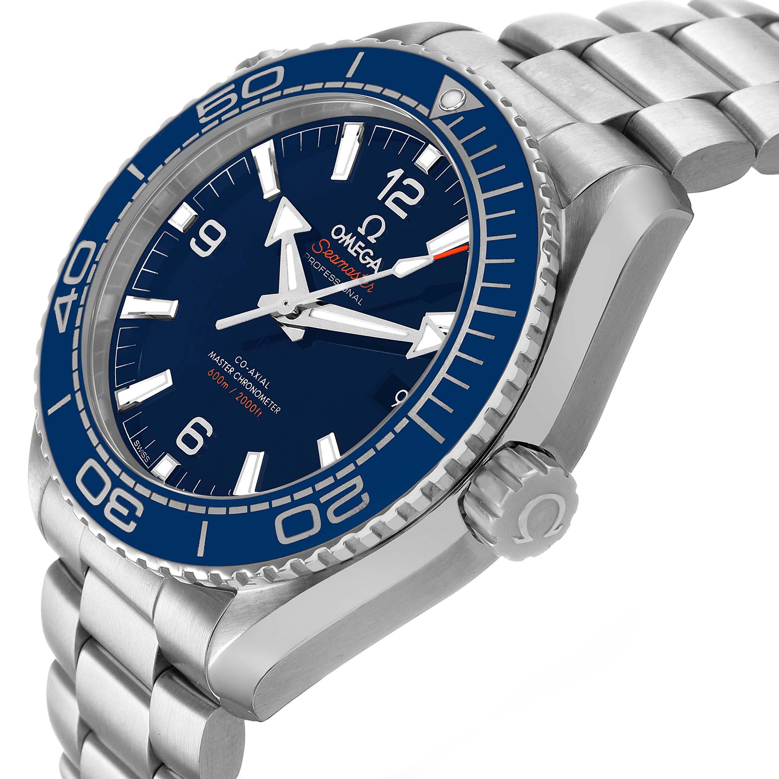 The Omega Planet Ocean 215.30.44.21.03.001 Men's Stainless Steel Blue Dial watch is shown at a slight side angle, highlighting the bezel, dial, crown, and stainless steel bracelet.