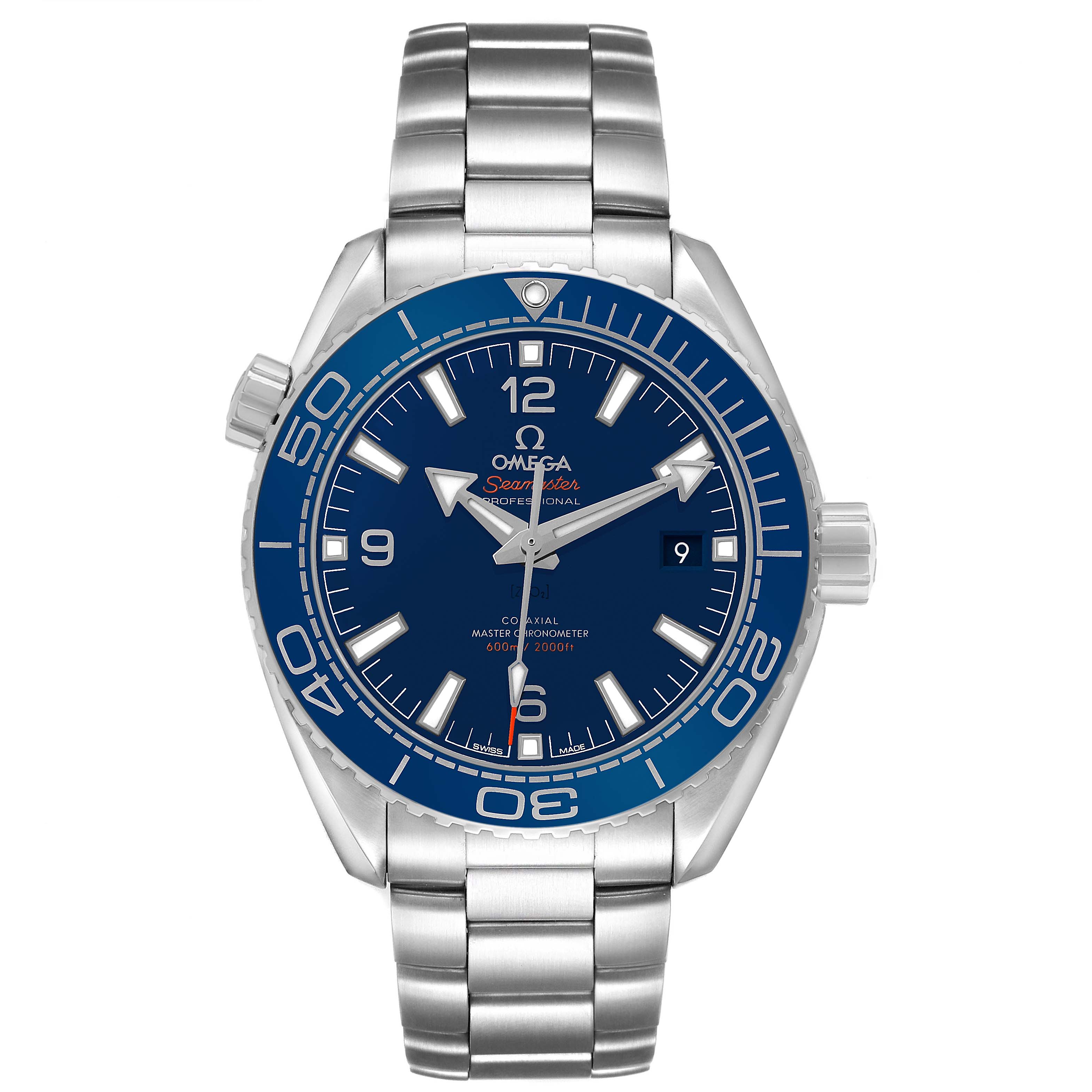 The Omega Planet Ocean 215.30.44.21.03.001 Men's Stainless Steel Blue Dial watch is shown from the front, highlighting the face, bezel, and stainless steel bracelet.
