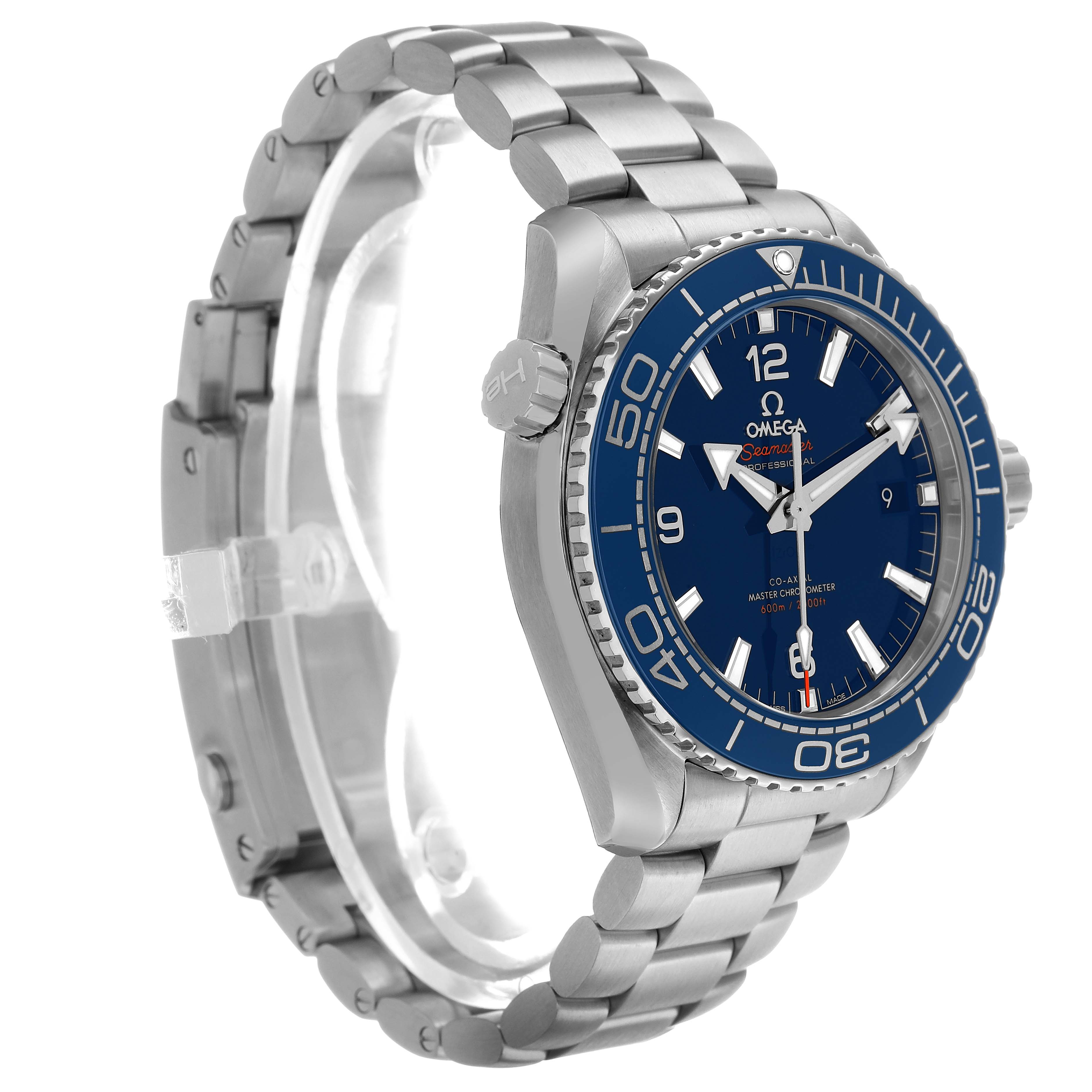 The Omega Planet Ocean 215.30.44.21.03.001 Men's Stainless Steel Blue Dial watch is shown from a three-quarter angle, highlighting its blue bezel, dial, and stainless steel bracelet.