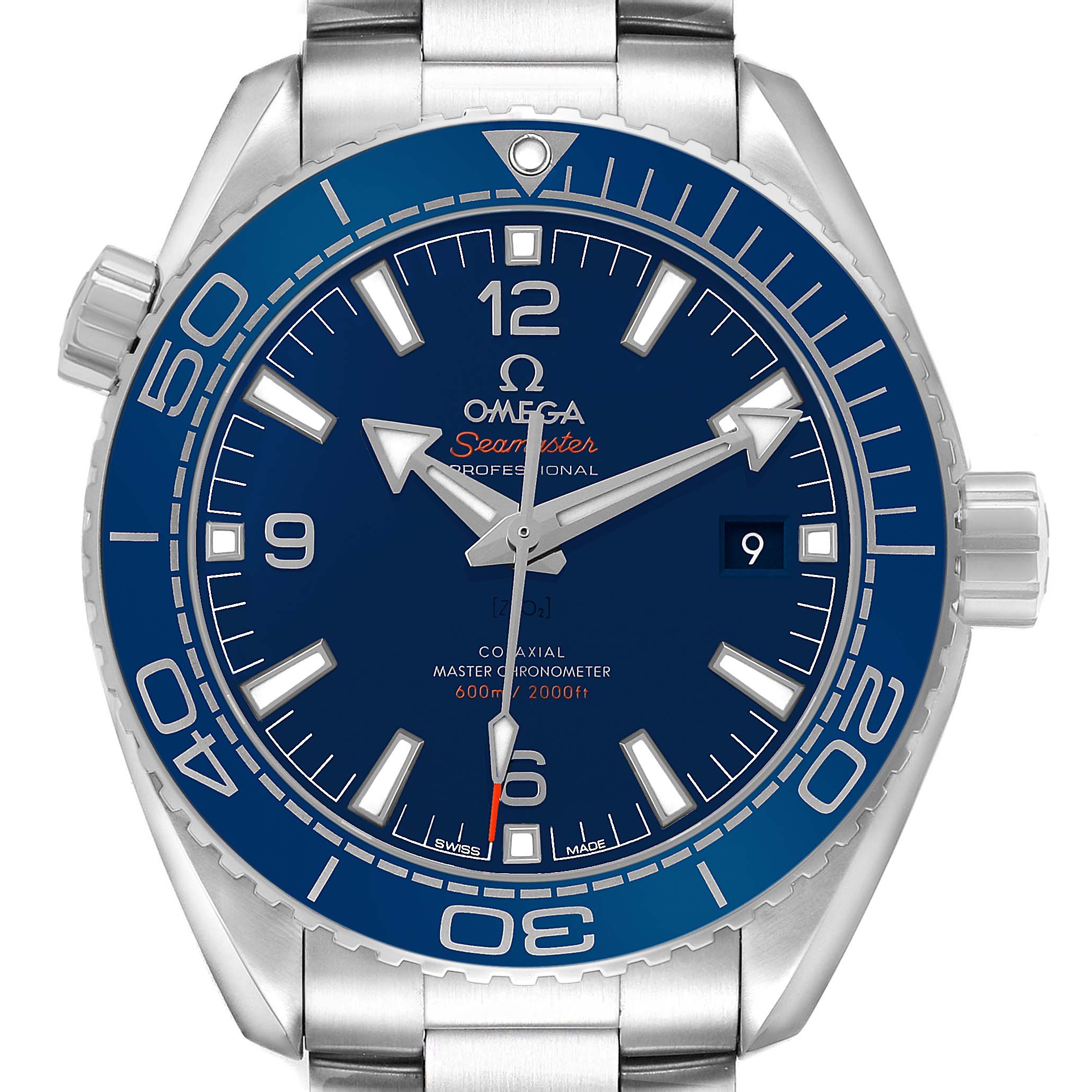 The Omega Planet Ocean 215.30.44.21.03.001 Men's Stainless Steel Blue Dial watch is shown from a front angle, displaying the dial, bezel, and crown.