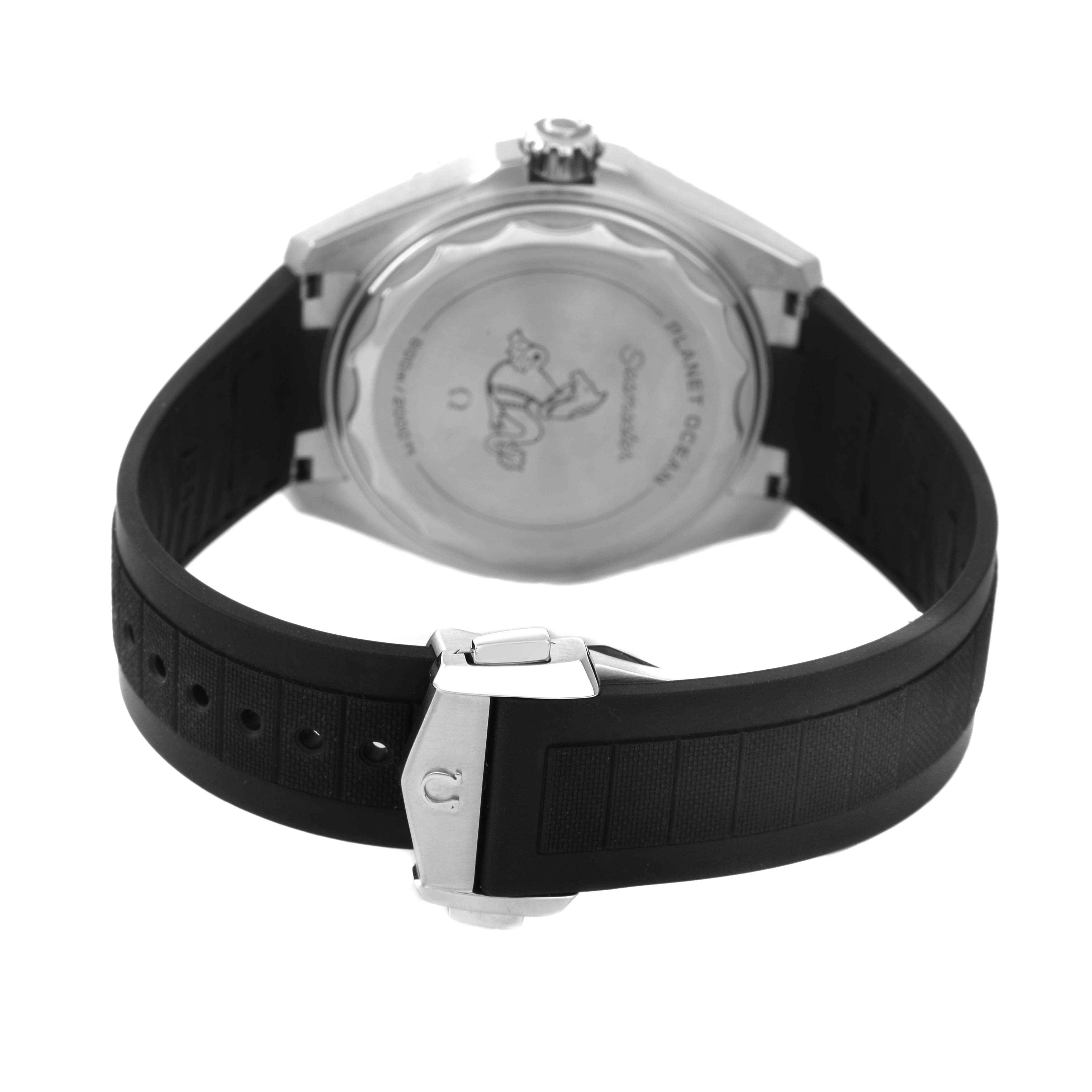 The image shows the back of the Omega Planet Ocean 217.32.42.21.01.001 Men's Stainless Steel Black Dial watch, highlighting the case back and black rubber strap with a clasp.