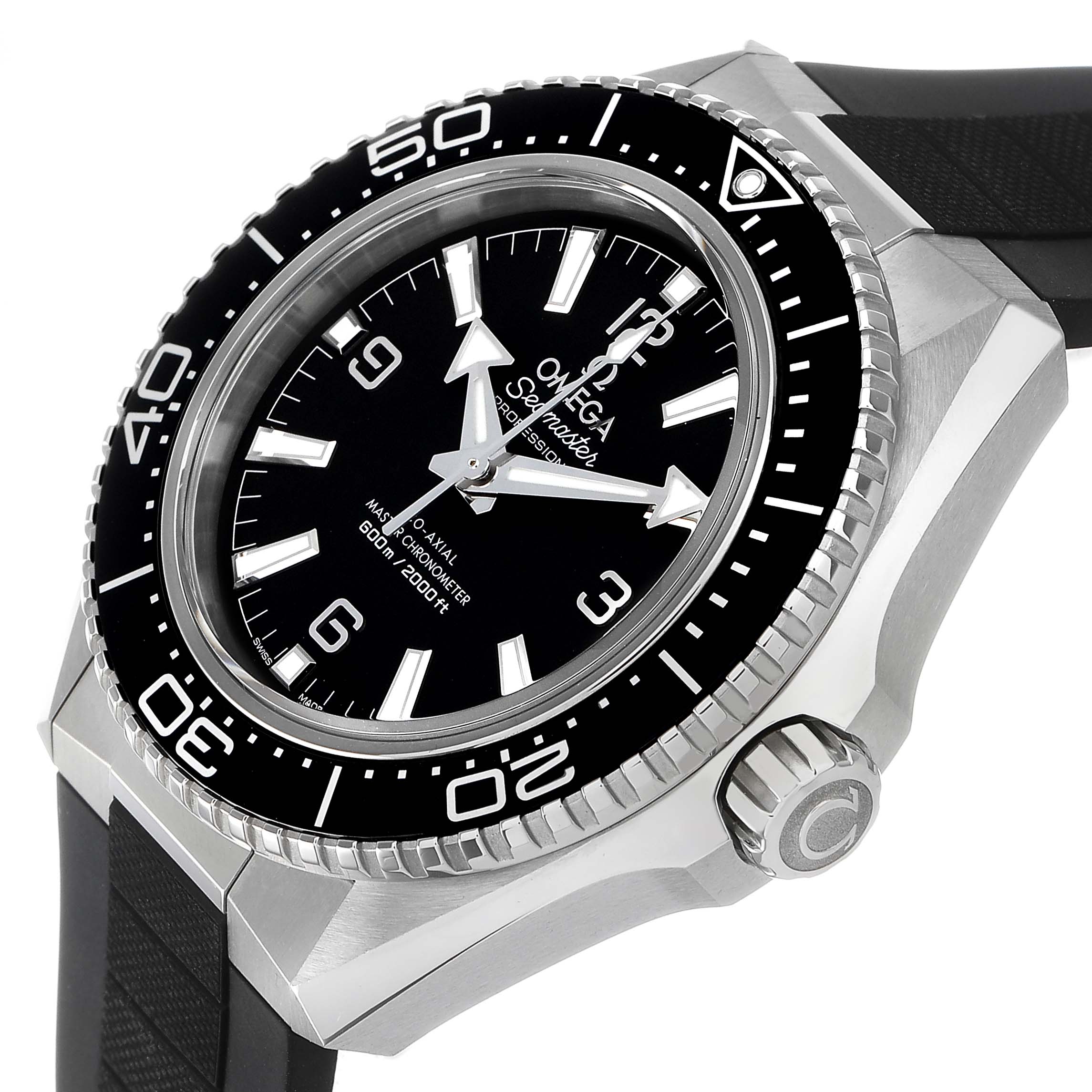 The Omega Planet Ocean 217.32.42.21.01.001 Men's Stainless Steel Black Dial watch is shown from a three-quarter angle, highlighting the bezel, dial, crown, and strap.