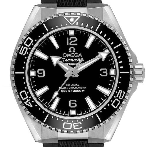 The Omega Planet Ocean 217.32.42.21.01.001 Men's Stainless Steel Black Dial watch is shown from a front angle, highlighting the bezel, dial, and markers.