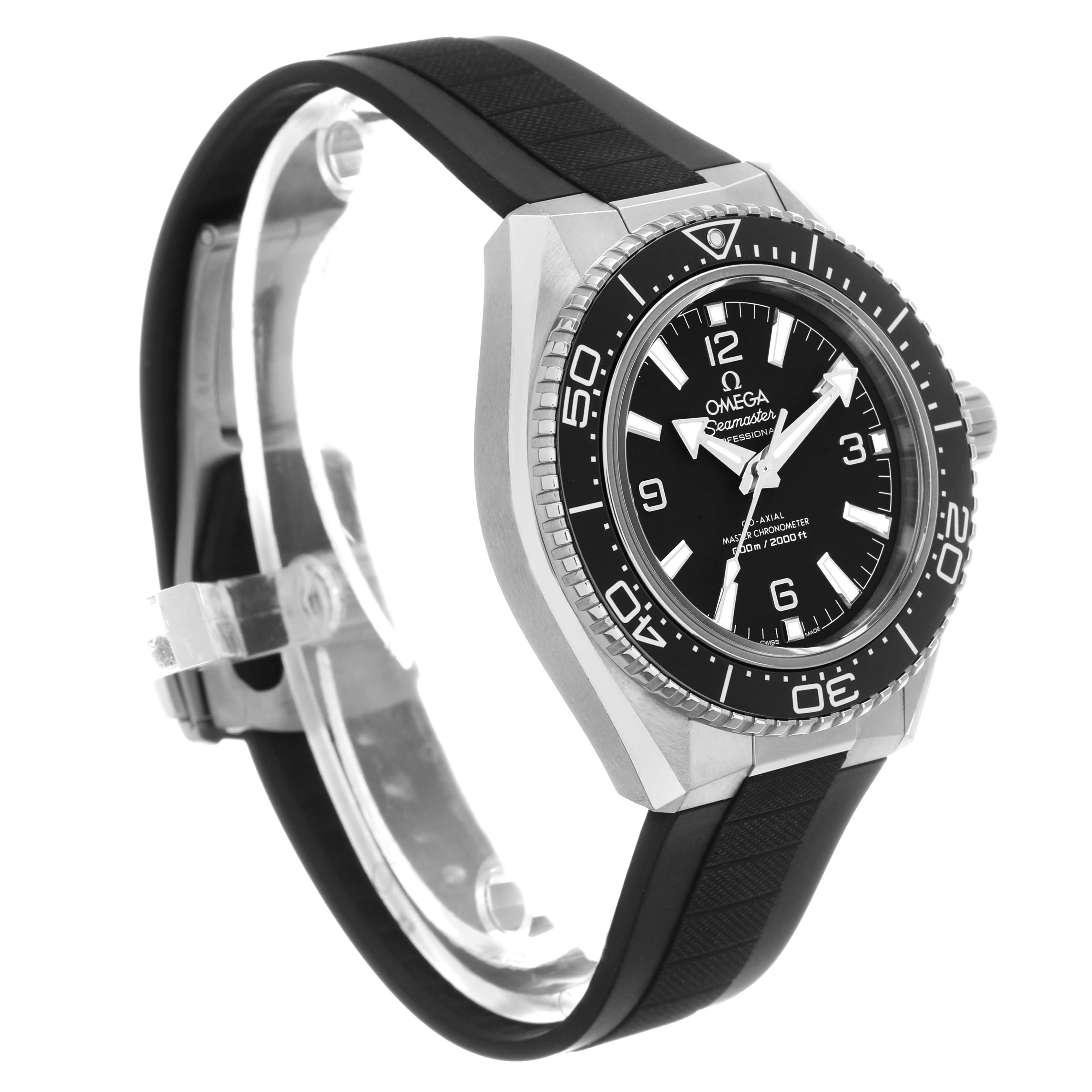 The Omega Planet Ocean 217.32.42.21.01.001 Men's Stainless Steel Black Dial watch is shown at a three-quarter angle, displaying the bezel, dial, and rubber strap.