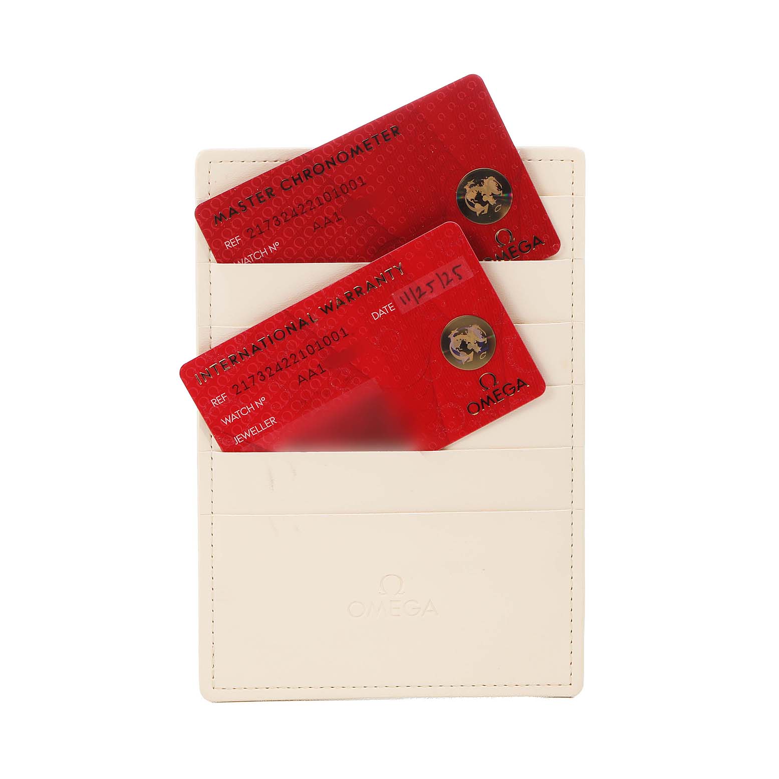 The image shows red warranty and chronometer cards in a white Omega holder for the Omega Planet Ocean 217.32.42.21.01.001 Men's Stainless Steel Black Dial model.