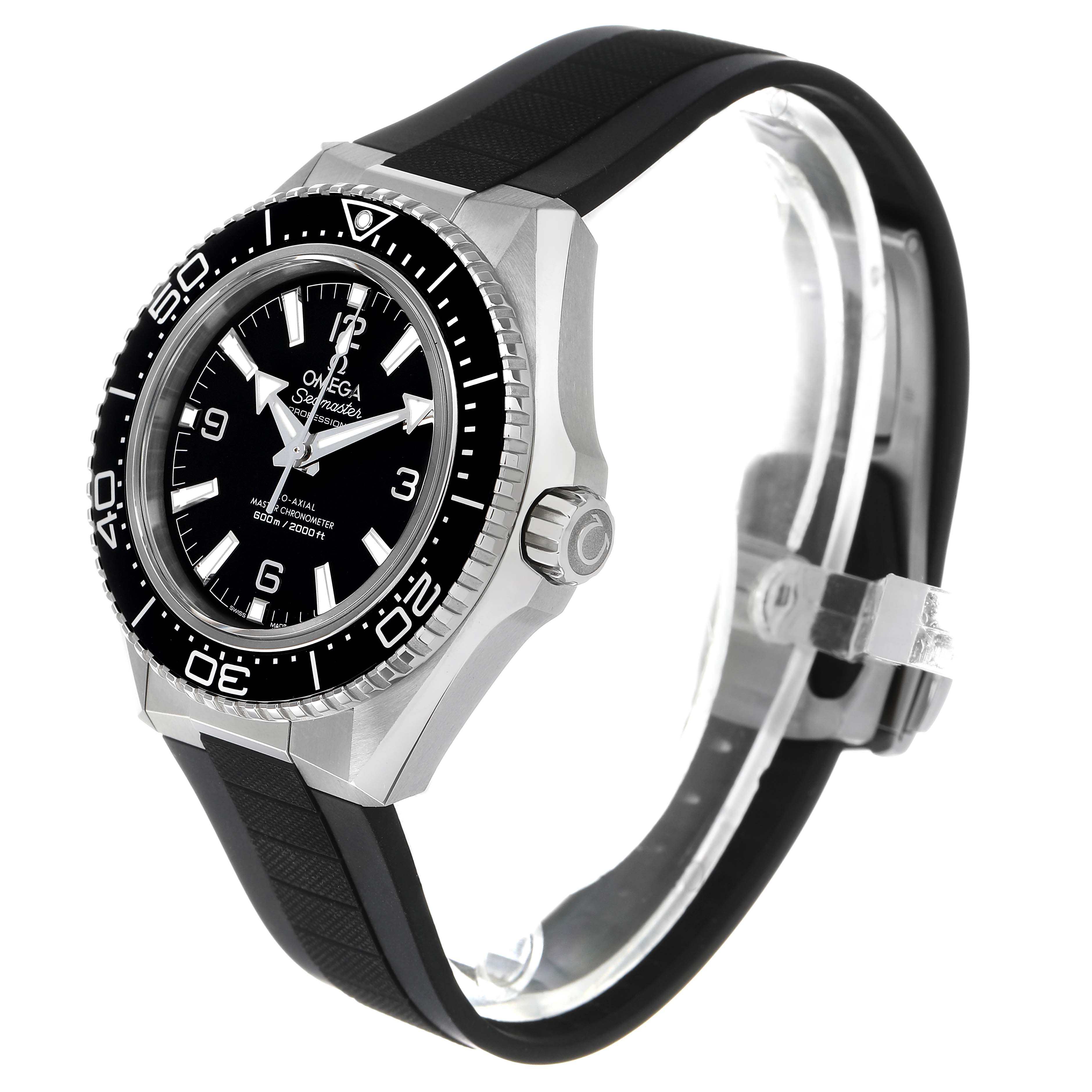 The image shows an Omega Planet Ocean 217.32.42.21.01.001 Men's Stainless Steel Black Dial watch at a three-quarter angle, highlighting the bezel, face, and rubber strap.