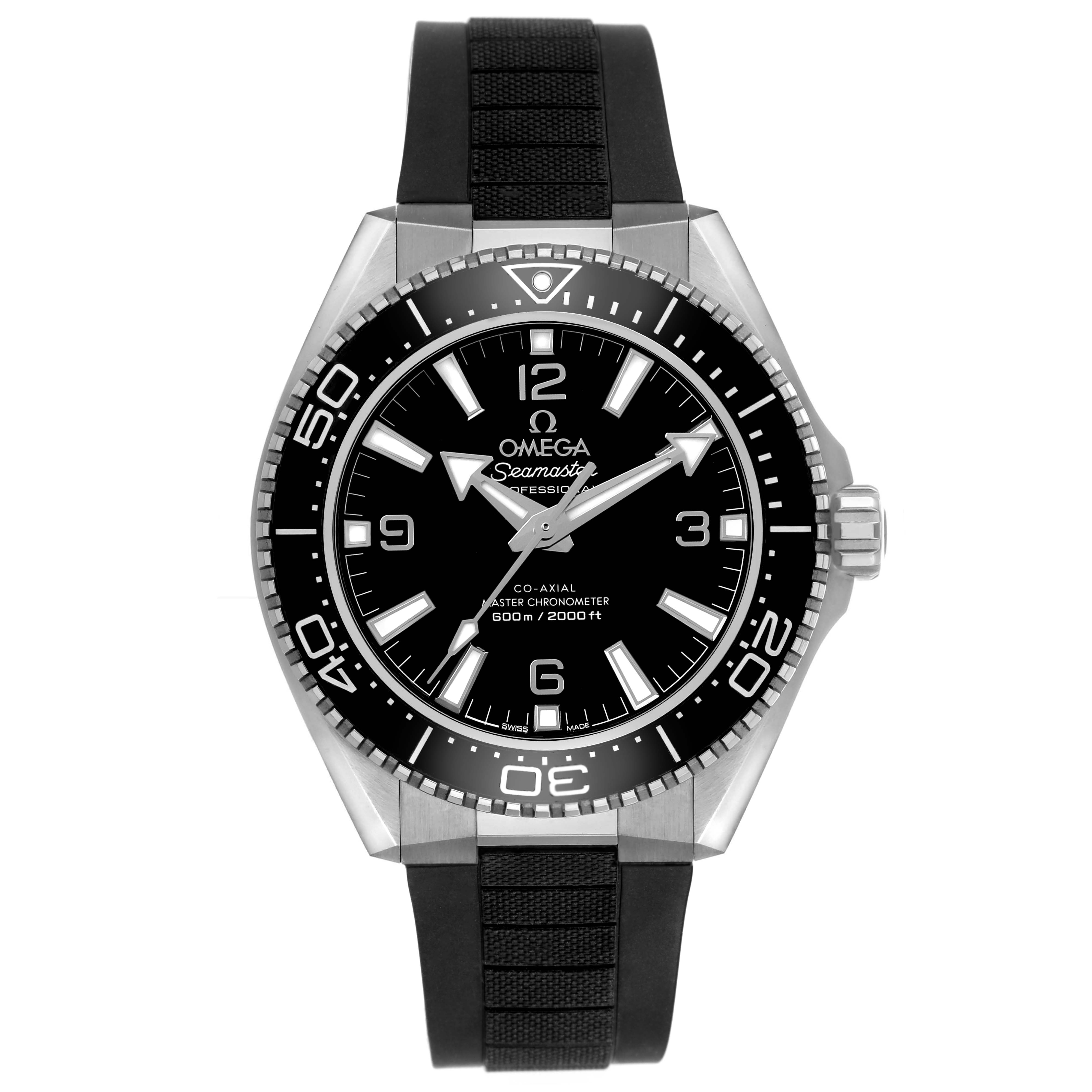 The Omega Planet Ocean 217.32.42.21.01.001 Men's Stainless Steel Black Dial watch is shown from a front angle, highlighting the dial, bezel, and strap.