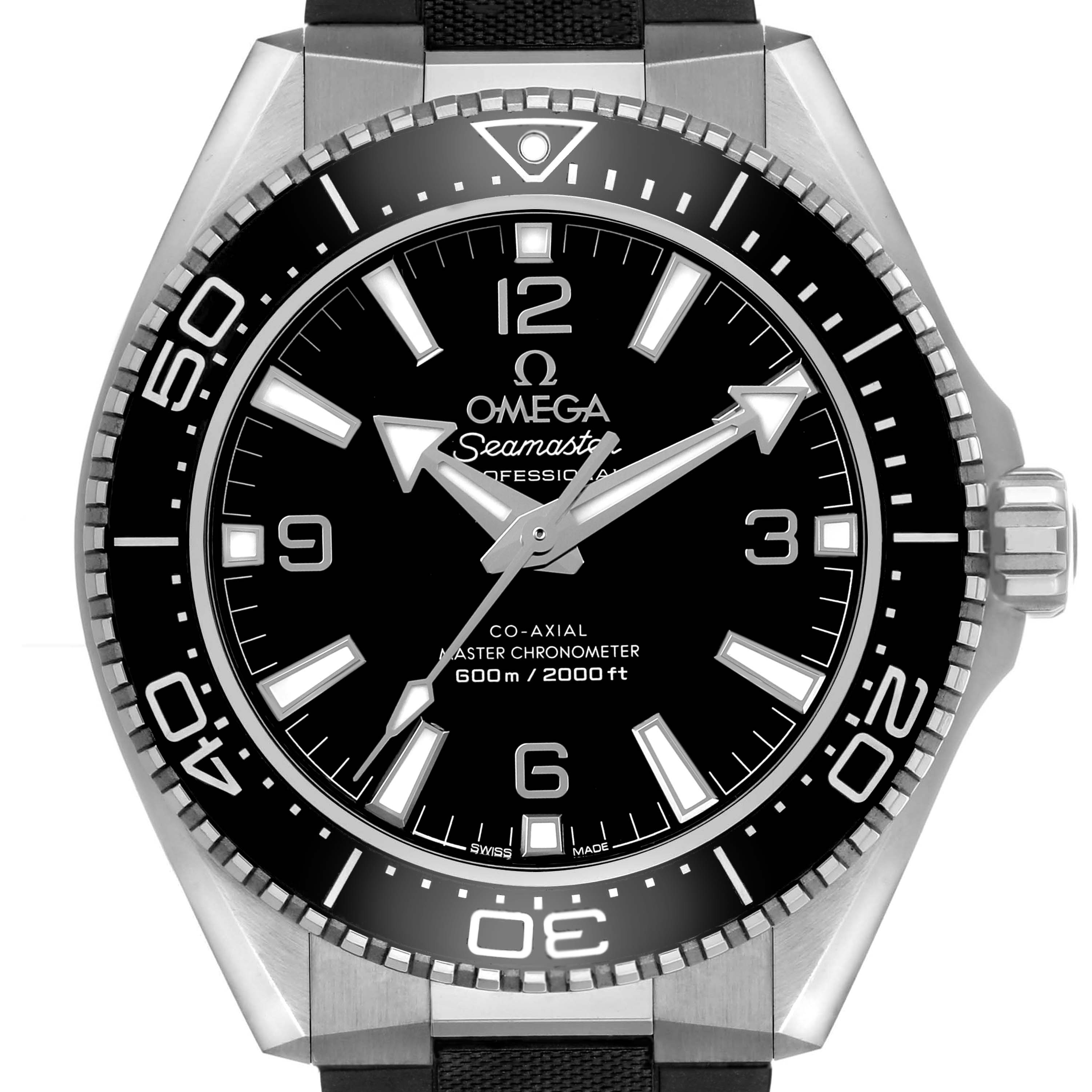 The Omega Planet Ocean 217.32.42.21.01.001 Men's Stainless Steel Black Dial watch is shown from a front angle, highlighting the dial, bezel, and strap connection.