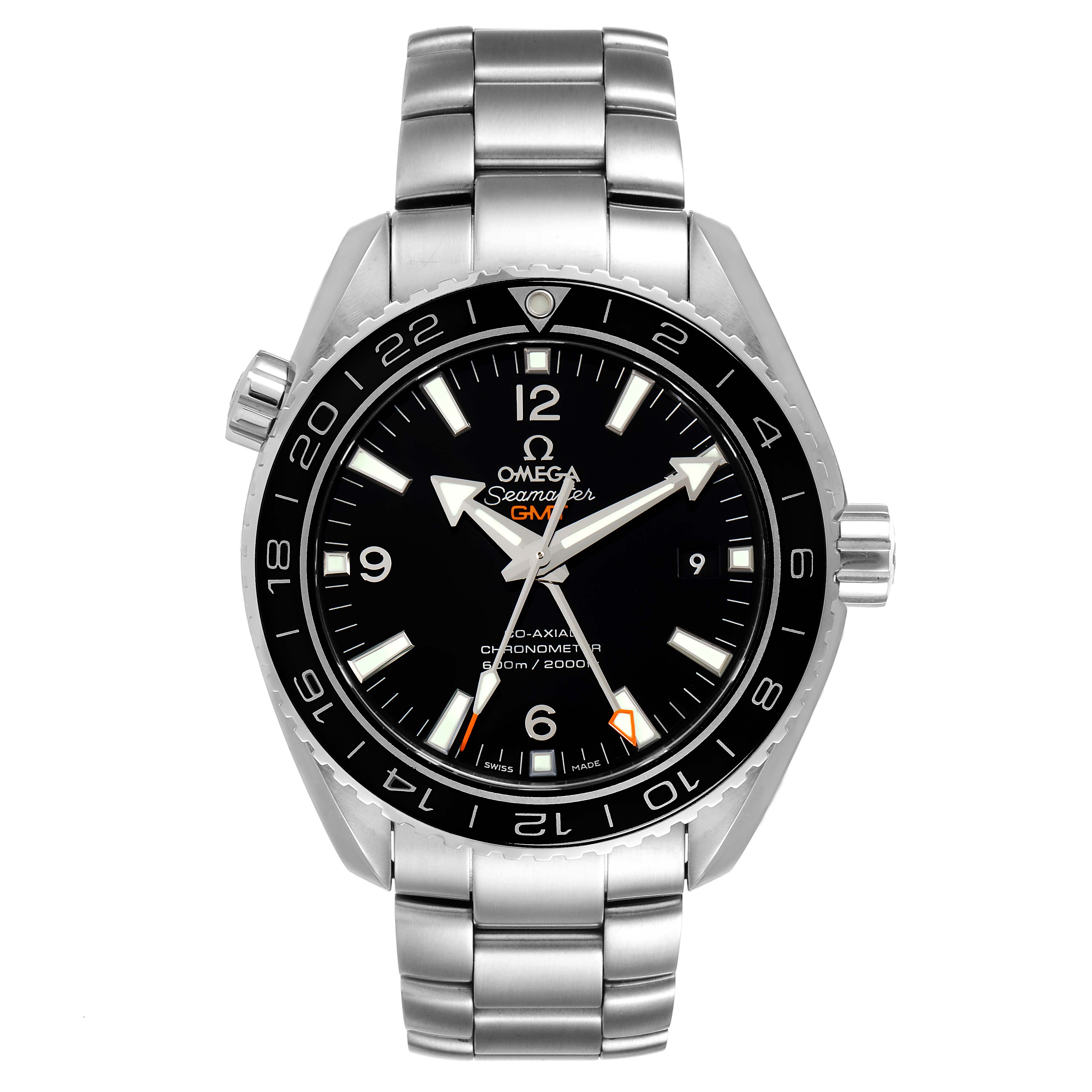 The image shows a frontal view of an Omega Seamaster 232.30.44.22.01.001 Men's Steel and Gold (two tone) Black Dial 232.30.44.22.01.001 Men's Steel and Gold (two tone) Black Dial watch, highlighting the face, bezel, crown, and stainless steel bracelet.