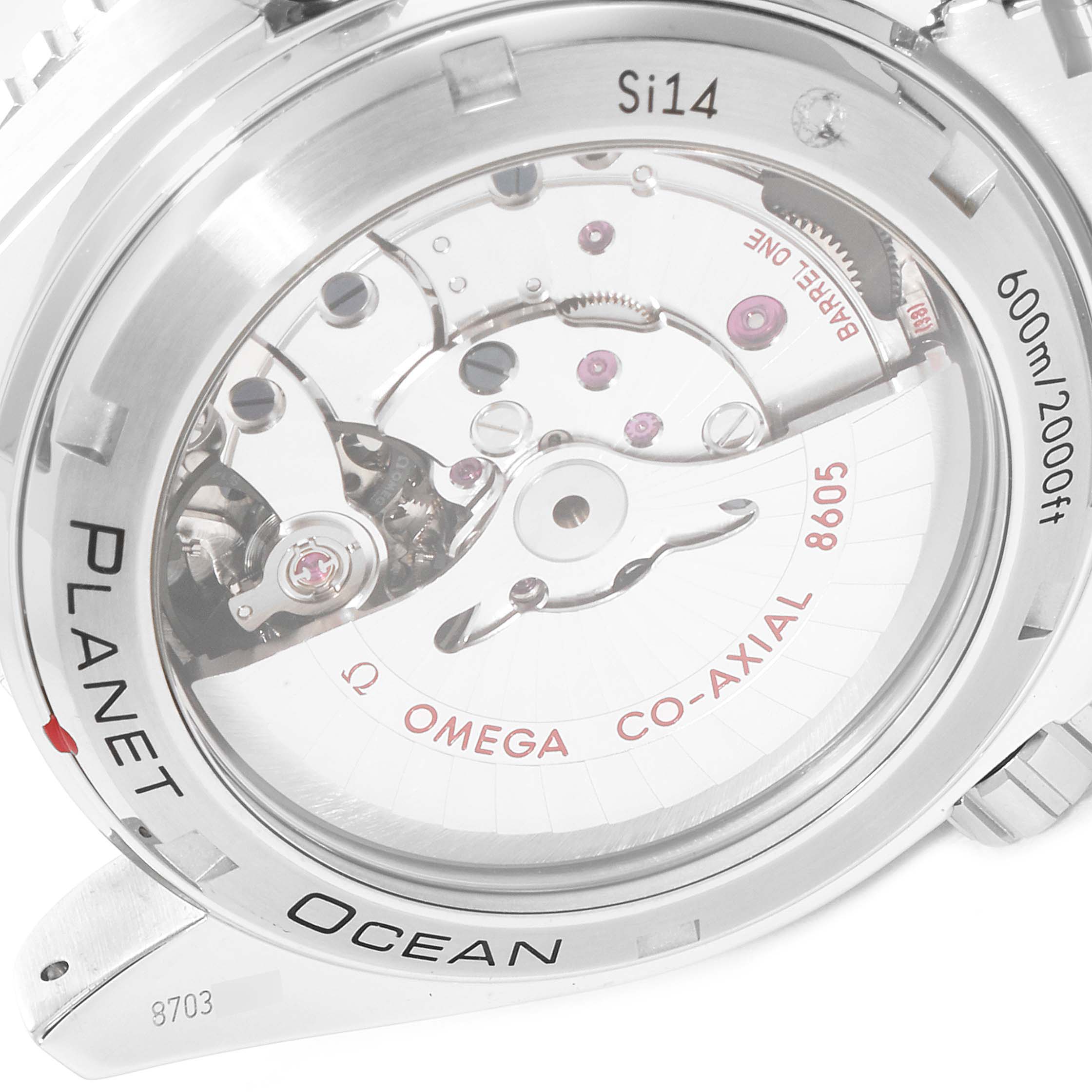 This image shows the back view of the Omega Seamaster 232.30.44.22.01.001 Men's Steel and Gold (two tone) Black Dial 232.30.44.22.01.001 Men's Steel and Gold (two tone) Black Dial Planet Ocean, highlighting its Co-Axial mechanical movement.