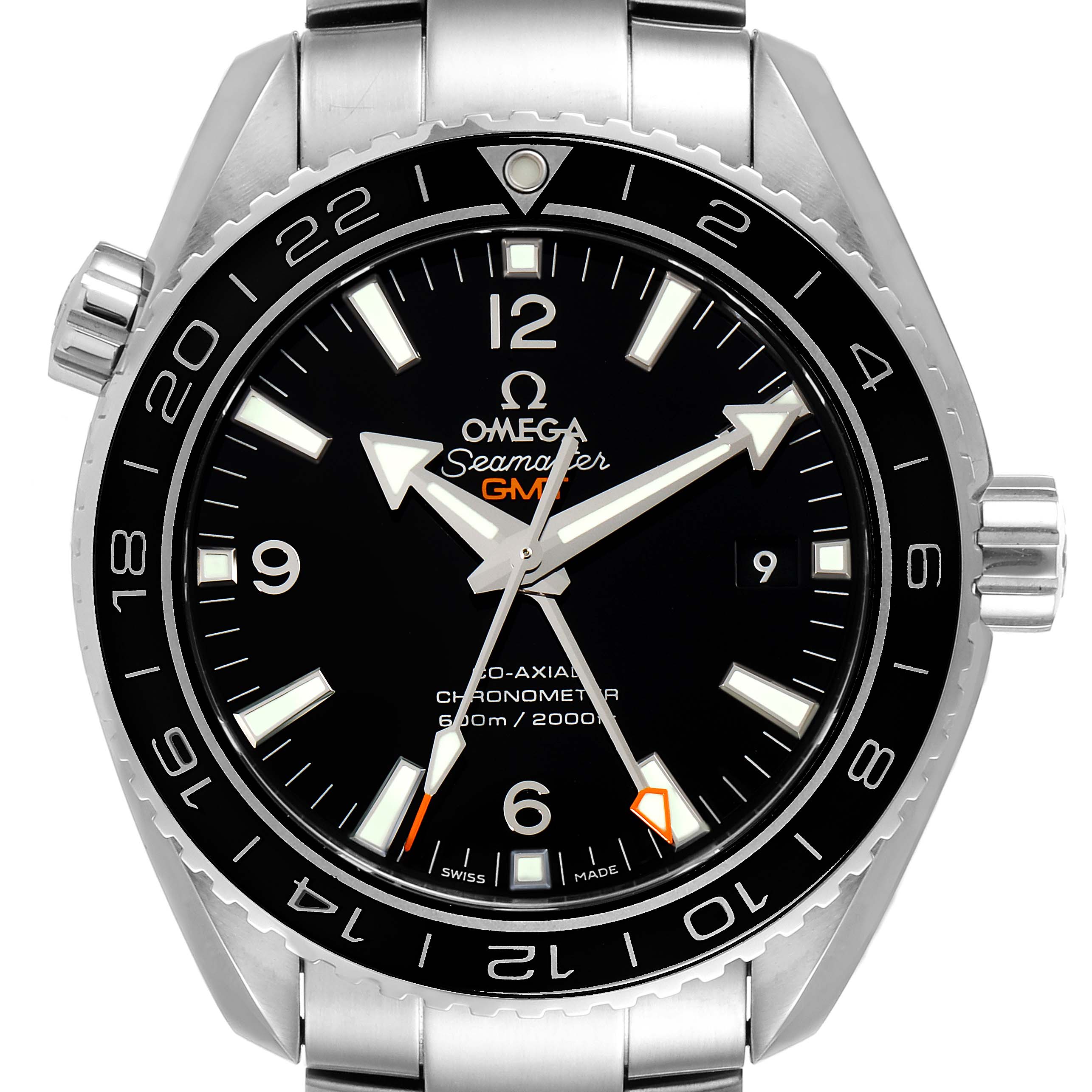 The image shows a close-up, frontal view of an Omega Seamaster 232.30.44.22.01.001 Men's Steel and Gold (two tone) Black Dial 232.30.44.22.01.001 Men's Steel and Gold (two tone) Black Dial model's dial, bezel, and portion of the bracelet.