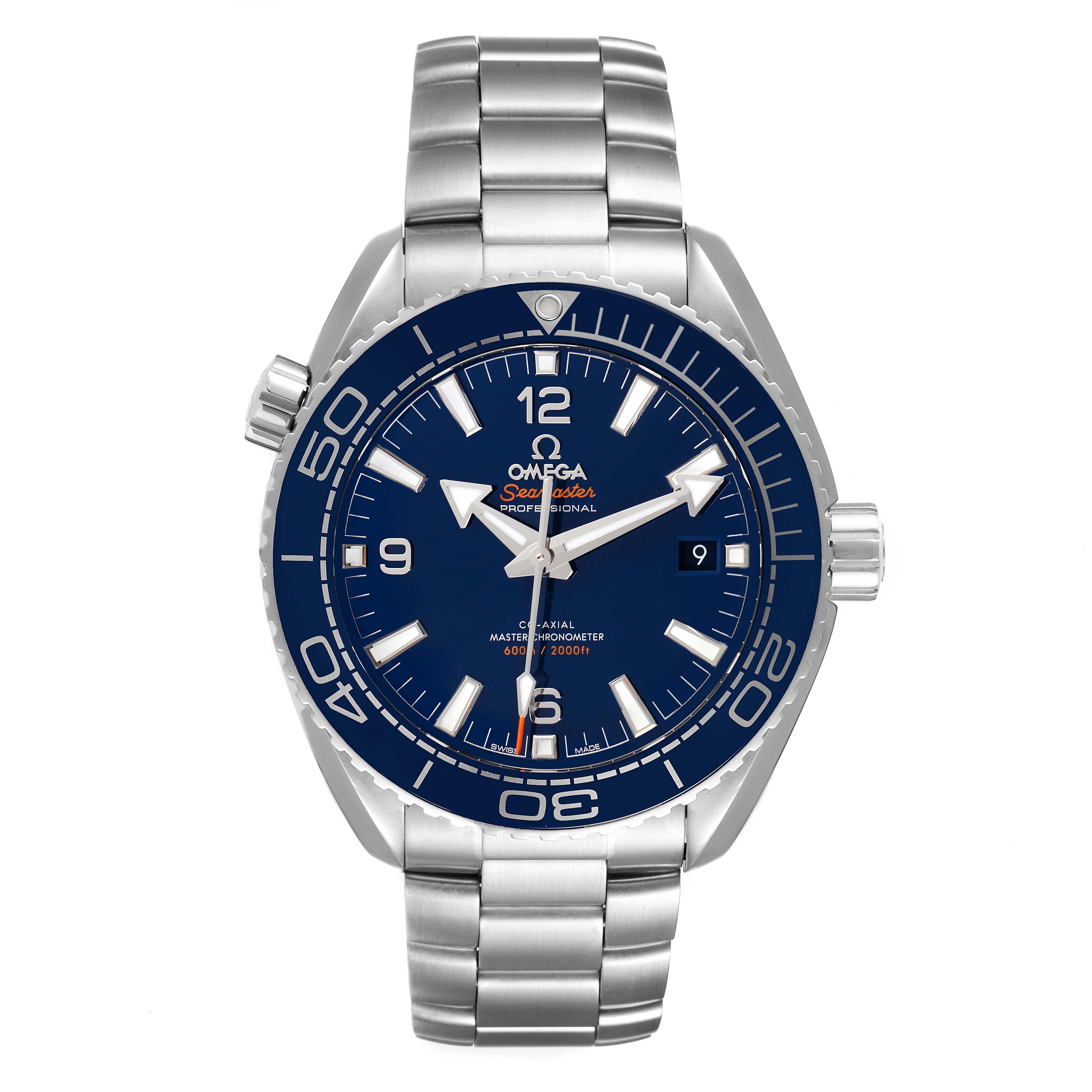 The Omega Planet Ocean 215.30.44.21.03.001 Men
s Stainless Steel Blue Dial 215.30.44.21.03.001 Men
s Stainless Steel Blue Dial watch is shown from a front view, displaying its blue dial, bezel, and stainless steel bracelet.