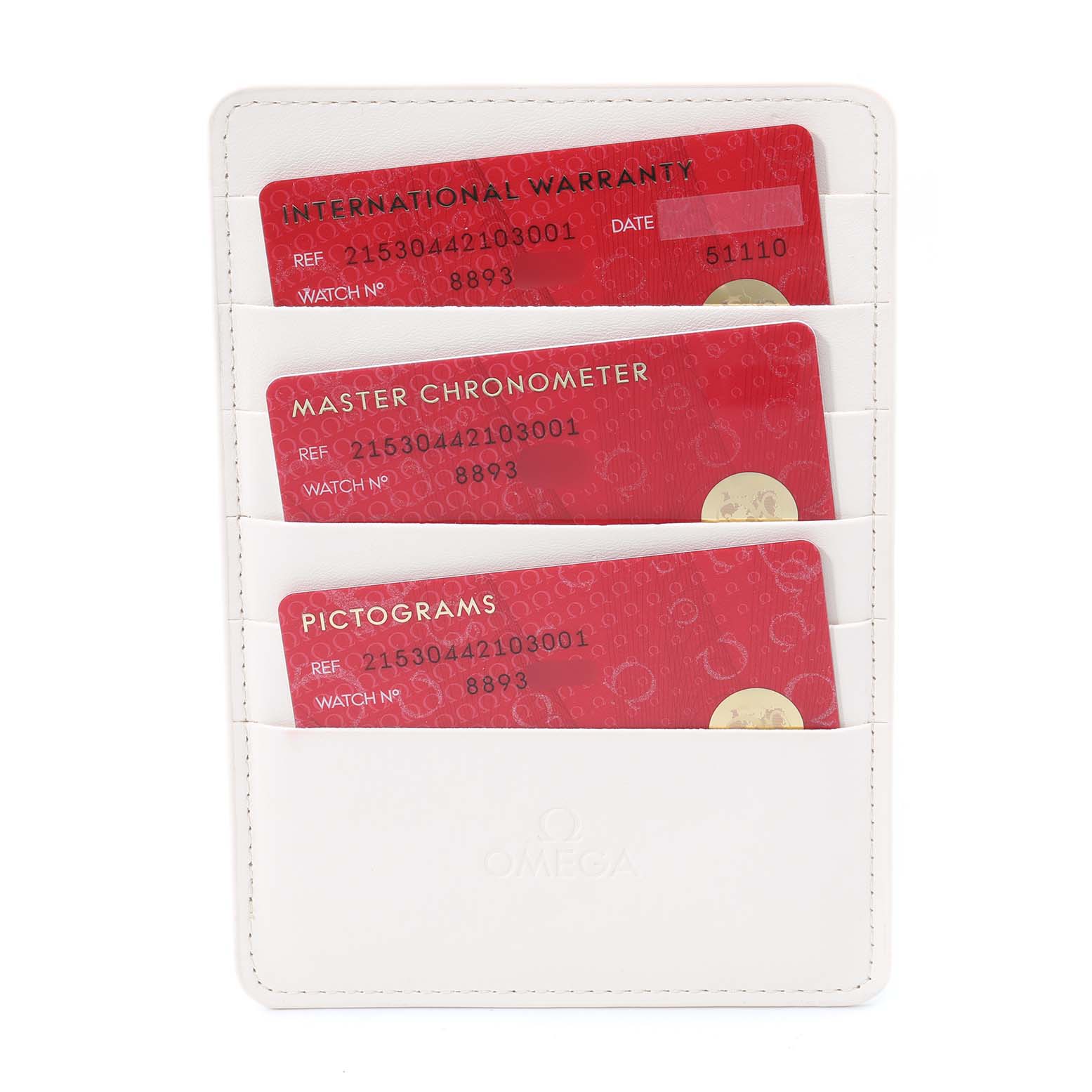 The image shows the warranty cards and holder for the Omega Planet Ocean 215.30.44.21.03.001 Men
s Stainless Steel Blue Dial 215.30.44.21.03.001 Men
s Stainless Steel Blue Dial model watch.