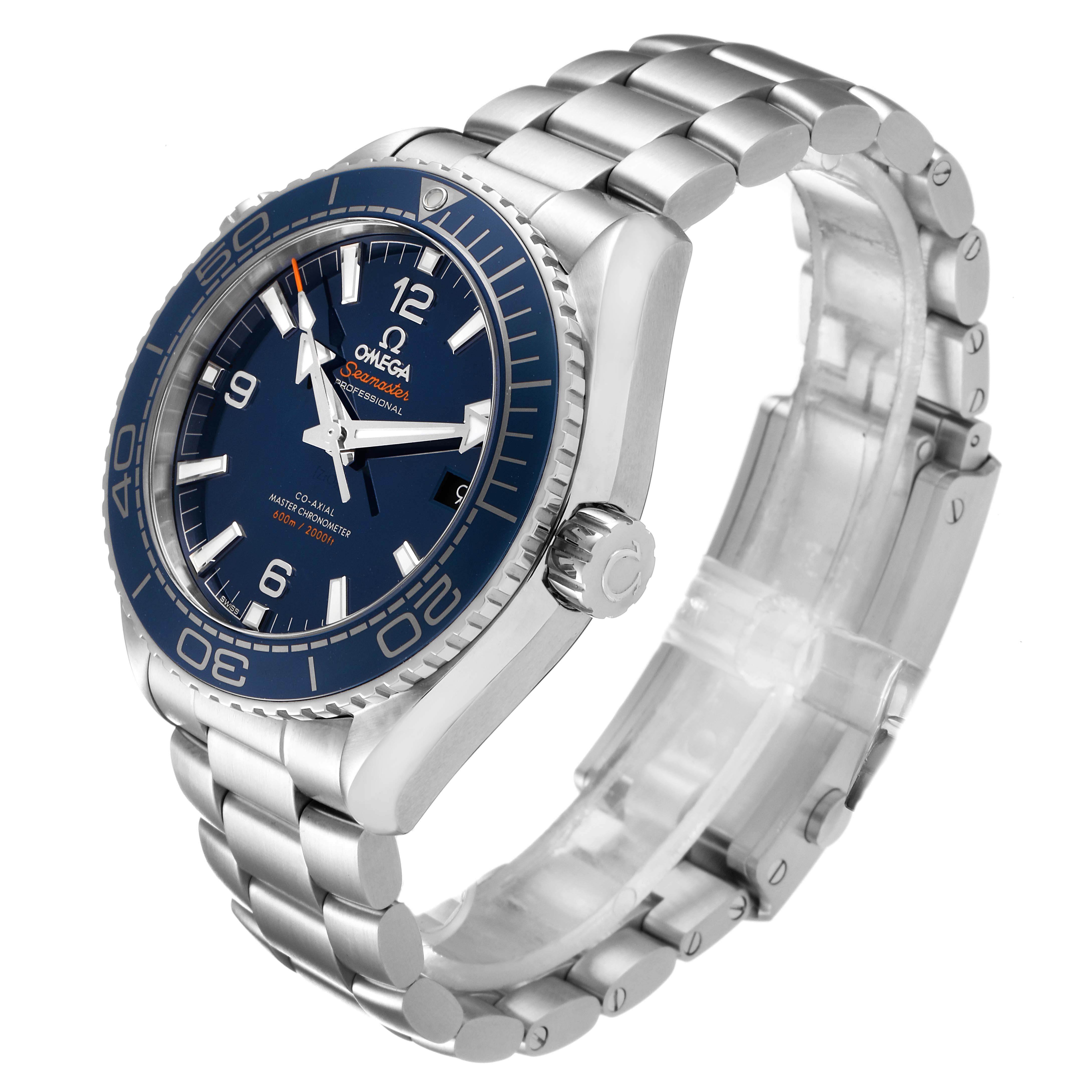 The image shows an Omega Planet Ocean 215.30.44.21.03.001 Men
s Stainless Steel Blue Dial 215.30.44.21.03.001 Men
s Stainless Steel Blue Dial watch at an angle, highlighting its bezel, dial, crown, and bracelet.