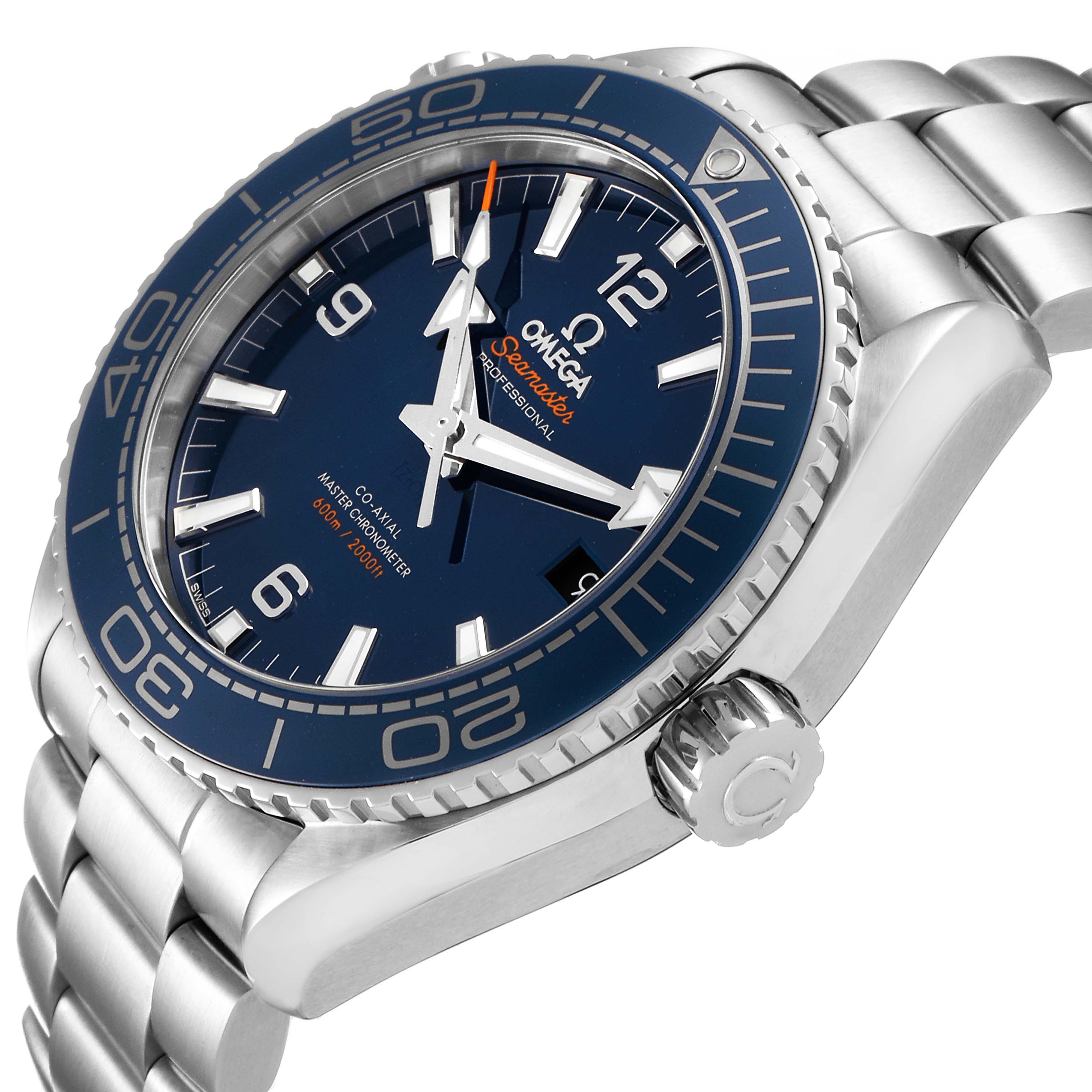The Omega Planet Ocean 215.30.44.21.03.001 Men
s Stainless Steel Blue Dial 215.30.44.21.03.001 Men
s Stainless Steel Blue Dial watch is shown from a three-quarter angle, displaying the dial, bezel, crown, and bracelet links.