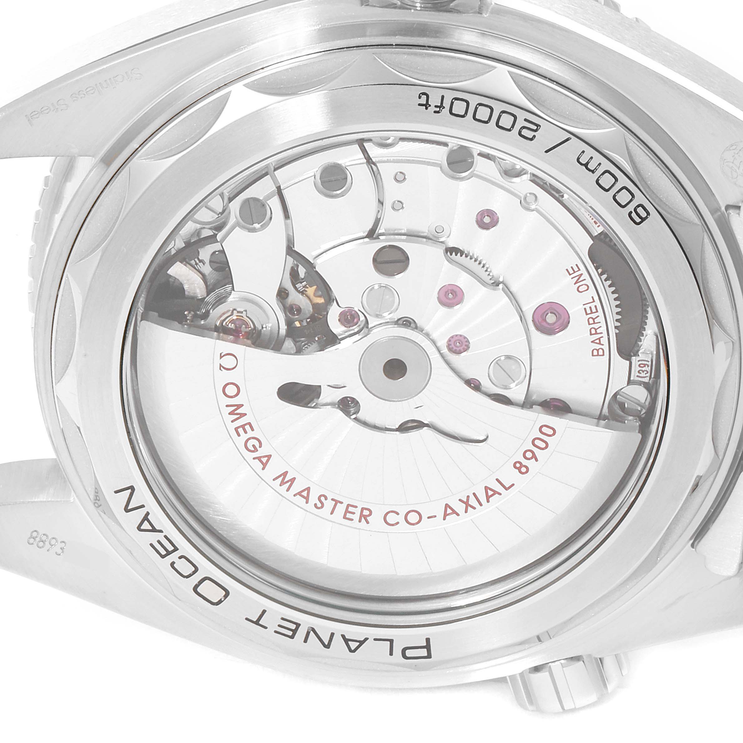 The image shows the back view of an Omega Planet Ocean 215.30.44.21.03.001 Men
s Stainless Steel Blue Dial 215.30.44.21.03.001 Men
s Stainless Steel Blue Dial watch, highlighting its intricate movement and "OMEGA MASTER CO-AXIAL 8900" mechanism.