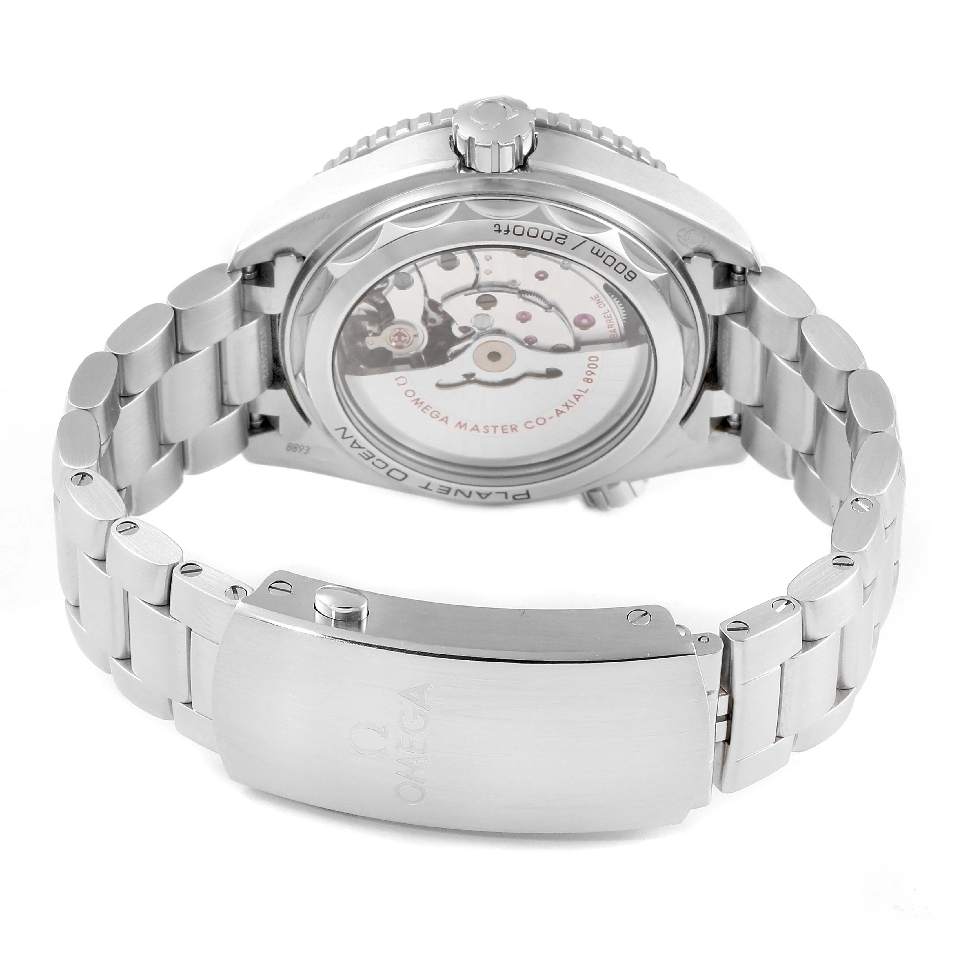 This is the back view of the Omega Planet Ocean 215.30.44.21.03.001 Men
s Stainless Steel Blue Dial 215.30.44.21.03.001 Men
s Stainless Steel Blue Dial watch, showing its transparent case back and stainless steel bracelet.