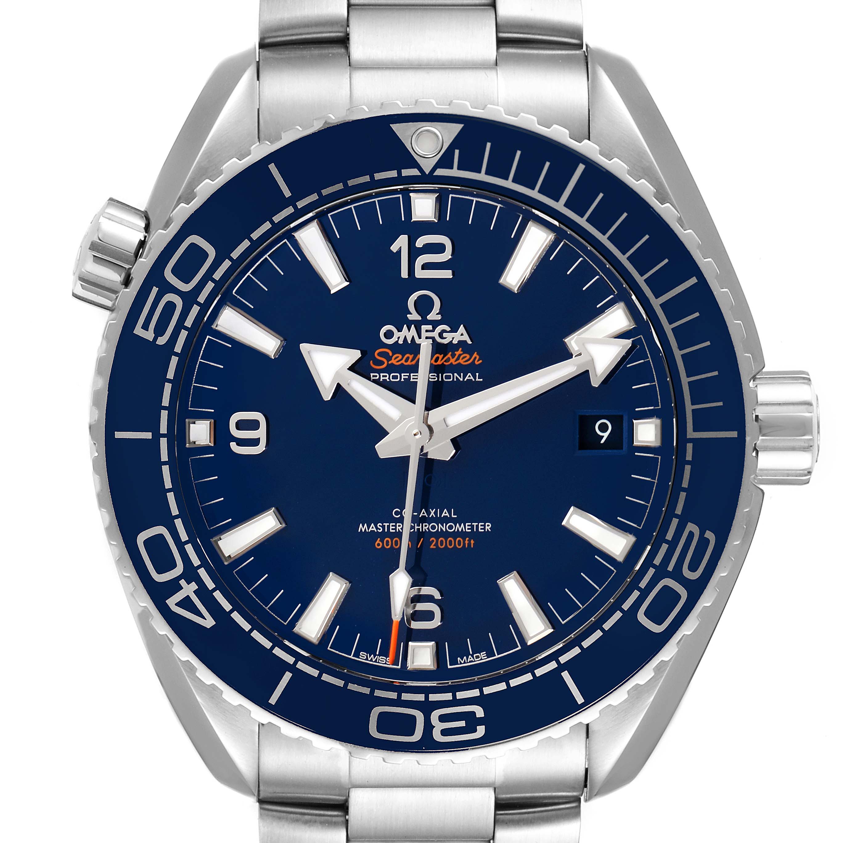 The image shows a front view of the Omega Planet Ocean 215.30.44.21.03.001 Men
s Stainless Steel Blue Dial 215.30.44.21.03.001 Men
s Stainless Steel Blue Dial watch, highlighting the dial, bezel, hands, and bracelet.