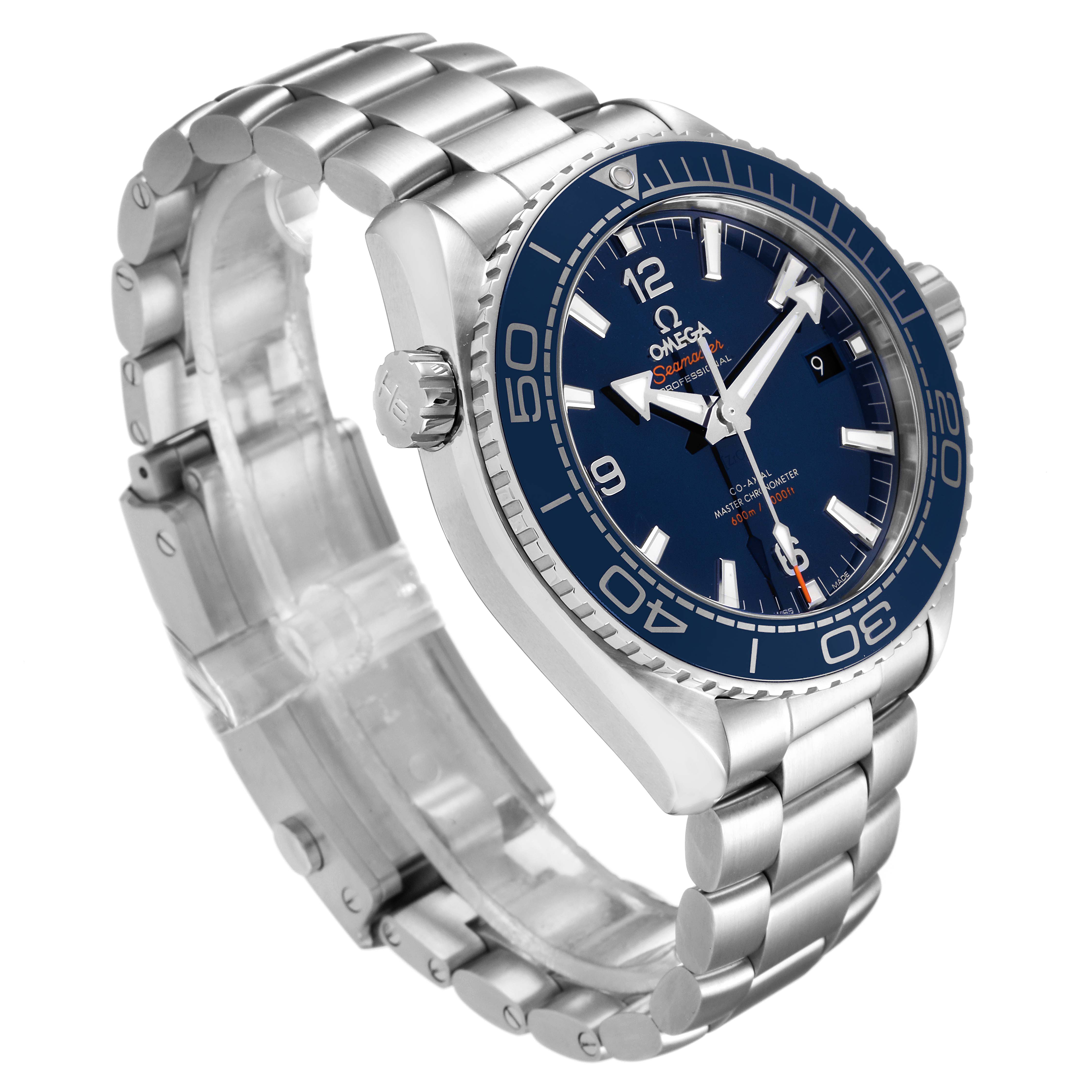 The image shows a side view of the Omega Planet Ocean 215.30.44.21.03.001 Men
s Stainless Steel Blue Dial 215.30.44.21.03.001 Men
s Stainless Steel Blue Dial watch featuring its blue dial, bezel, and stainless steel bracelet.