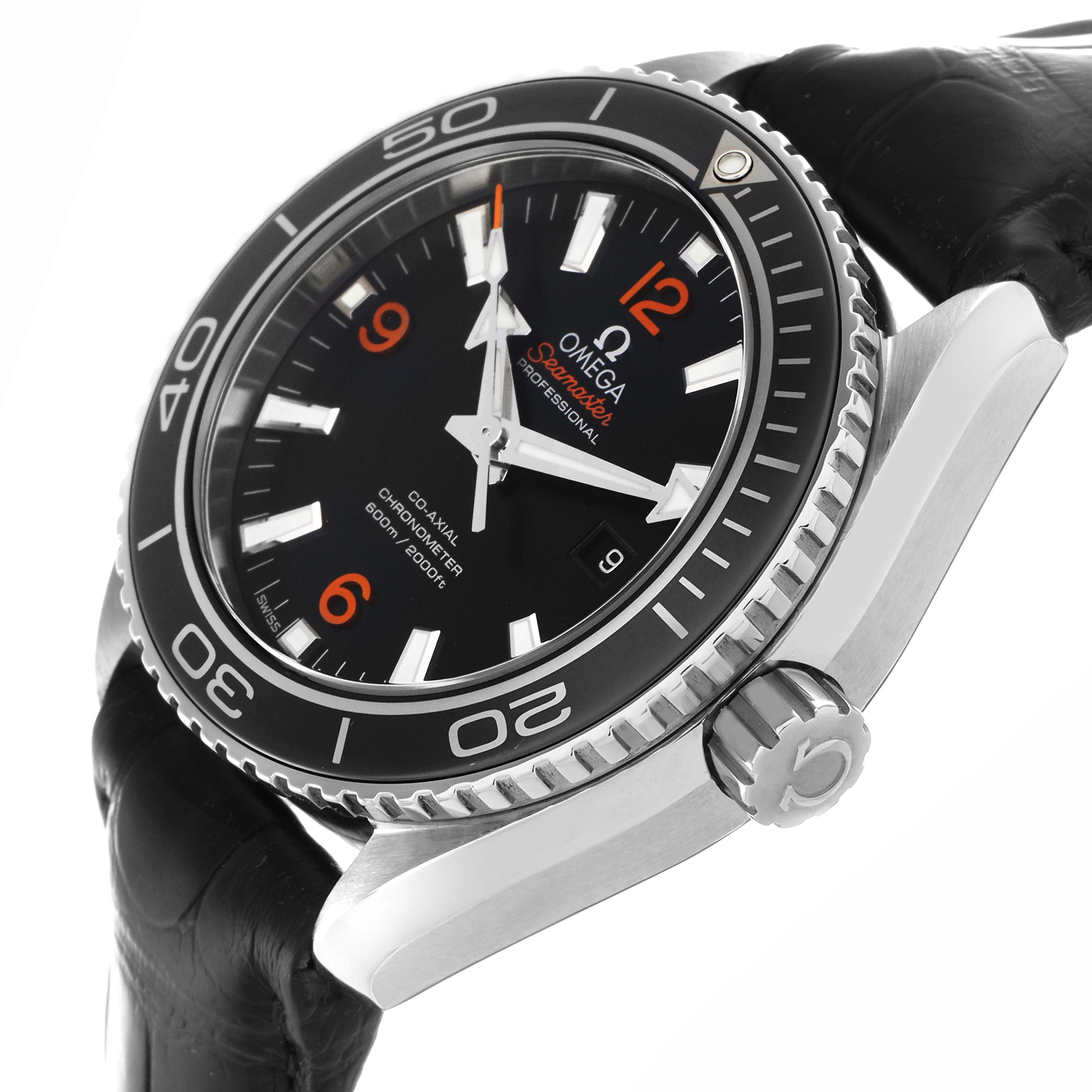 The Omega Planet Ocean 232.33.38.20.01.002 Men
s Stainless Steel Black Dial 232.33.38.20.01.002 Men
s Stainless Steel Black Dial watch is shown at a slight angle, displaying the bezel, dial, and crown detail.