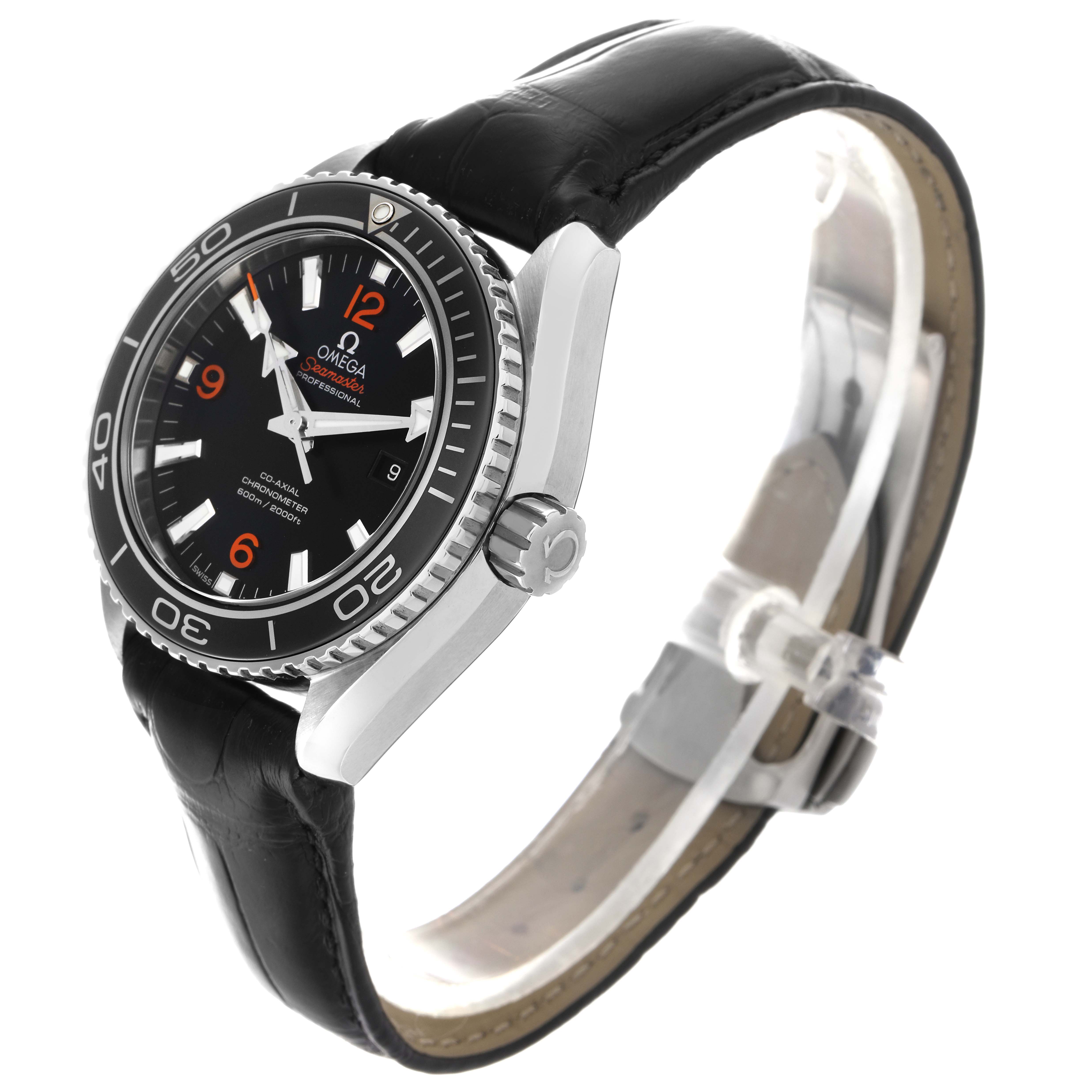 The Omega Planet Ocean 232.33.38.20.01.002 Men
s Stainless Steel Black Dial 232.33.38.20.01.002 Men
s Stainless Steel Black Dial watch is shown at an angle highlighting the side, the bezel, the crown, and the leather strap.