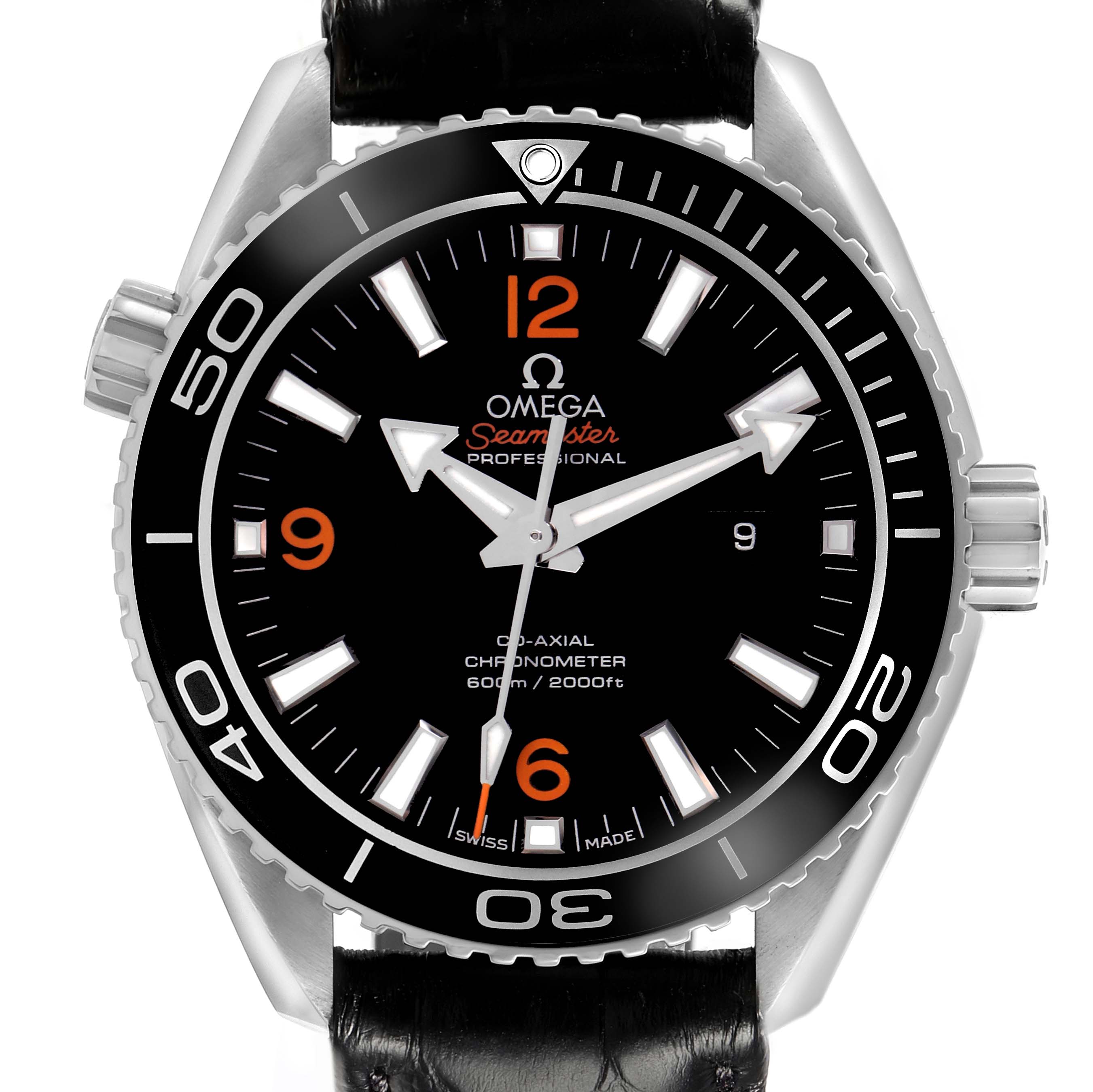 The Omega Planet Ocean 232.33.38.20.01.002 Men
s Stainless Steel Black Dial 232.33.38.20.01.002 Men
s Stainless Steel Black Dial watch is shown from a front angle, displaying the dial, bezel, and strap.