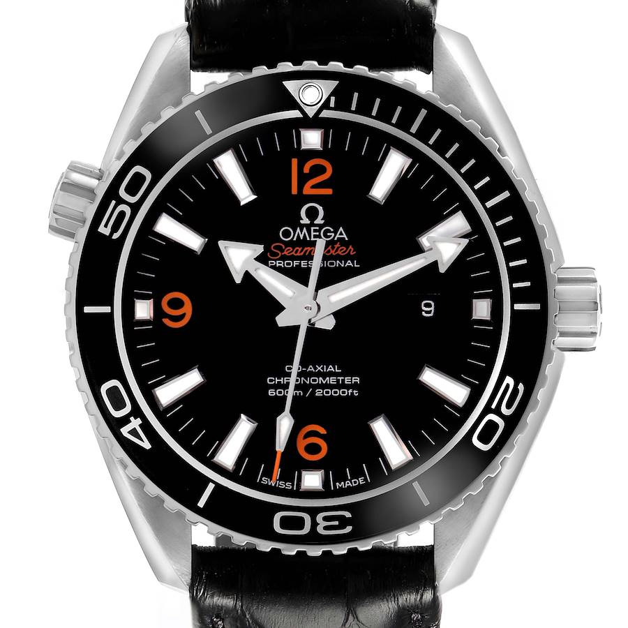 The Omega Planet Ocean watch is shown from a front angle, displaying the dial, bezel, and strap.