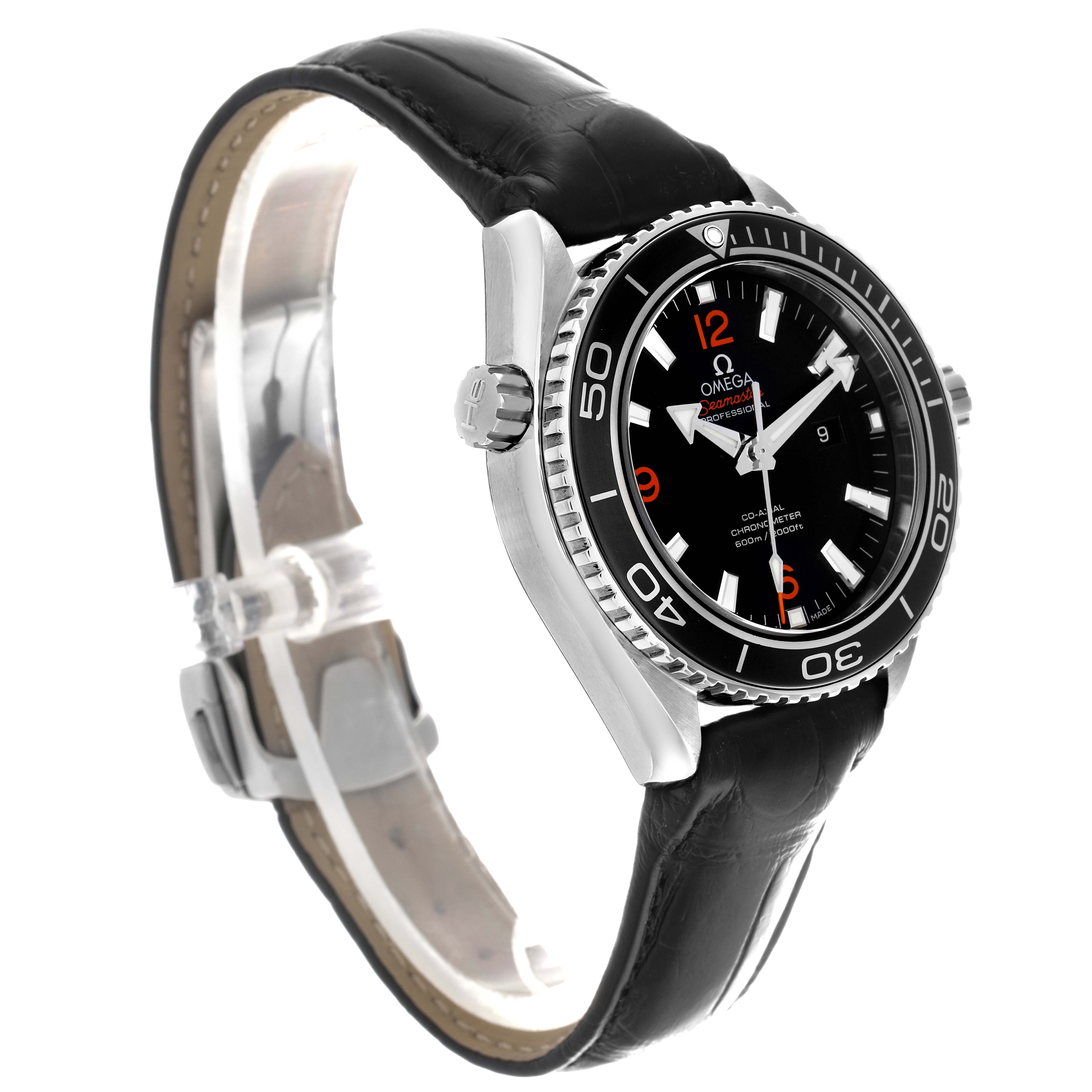 The Omega Planet Ocean 232.33.38.20.01.002 Men
s Stainless Steel Black Dial 232.33.38.20.01.002 Men
s Stainless Steel Black Dial watch is shown at a three-quarter angle, highlighting the dial, strap, case, and part of the bezel.