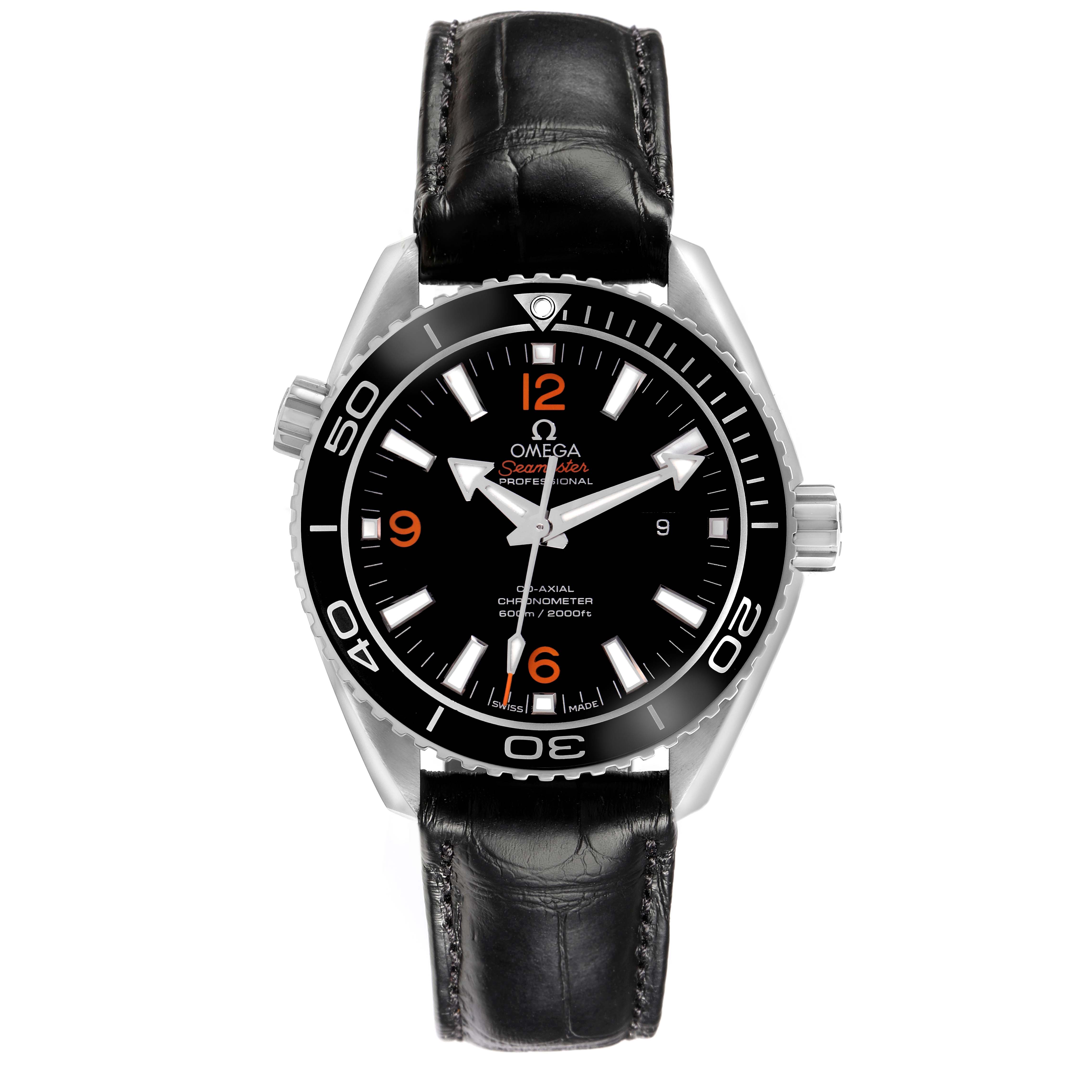 The Omega Planet Ocean 232.33.38.20.01.002 Men
s Stainless Steel Black Dial 232.33.38.20.01.002 Men
s Stainless Steel Black Dial watch is shown from a front angle, highlighting the dial, bezel, and leather strap.