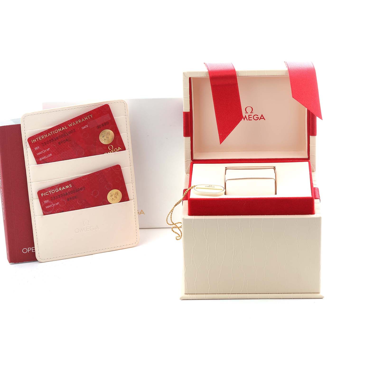 The image shows Omega
s Planet Ocean packaging, warranty cards, and a presentation box.